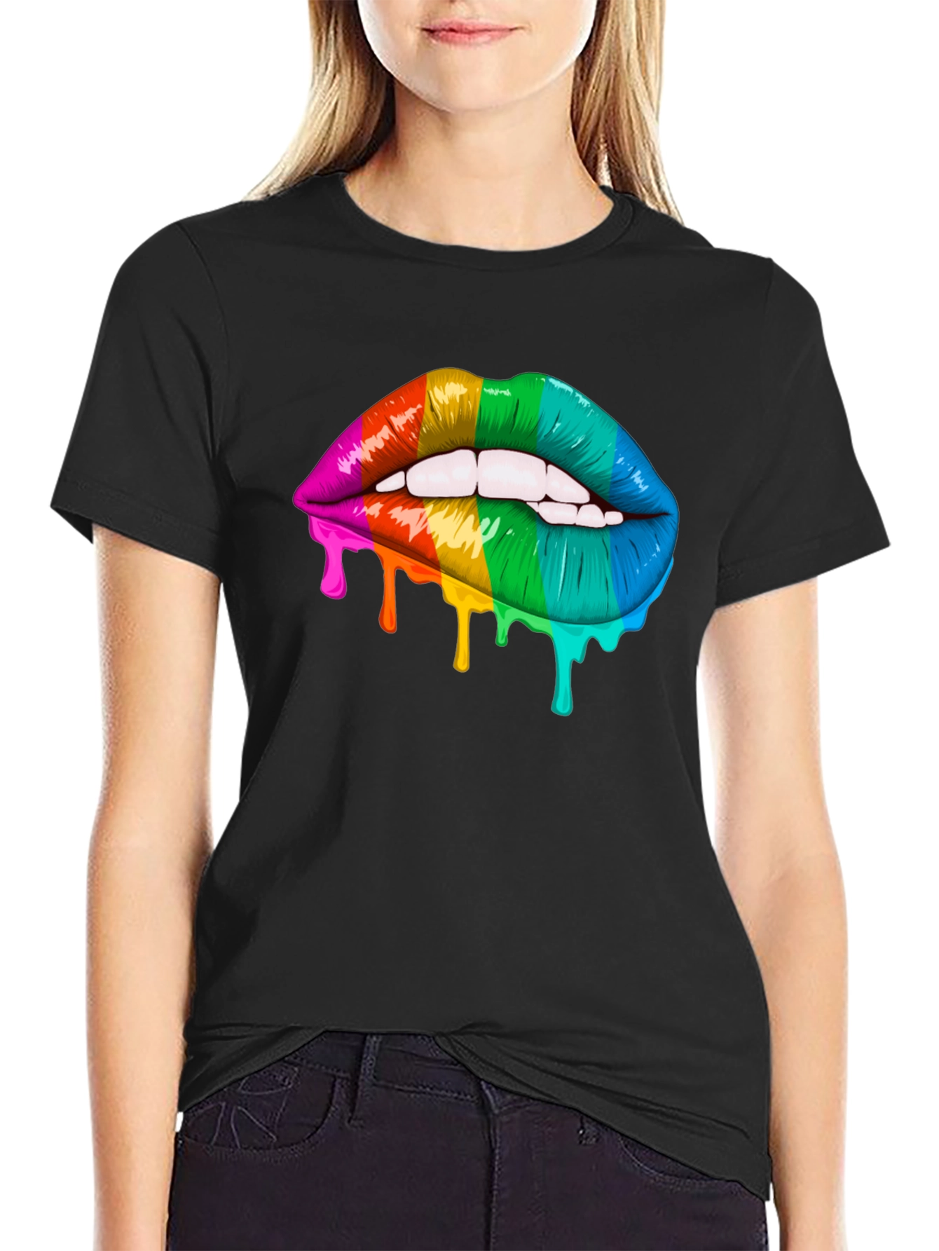 Camiseta Negra Unisex con Labios de Arcoíris