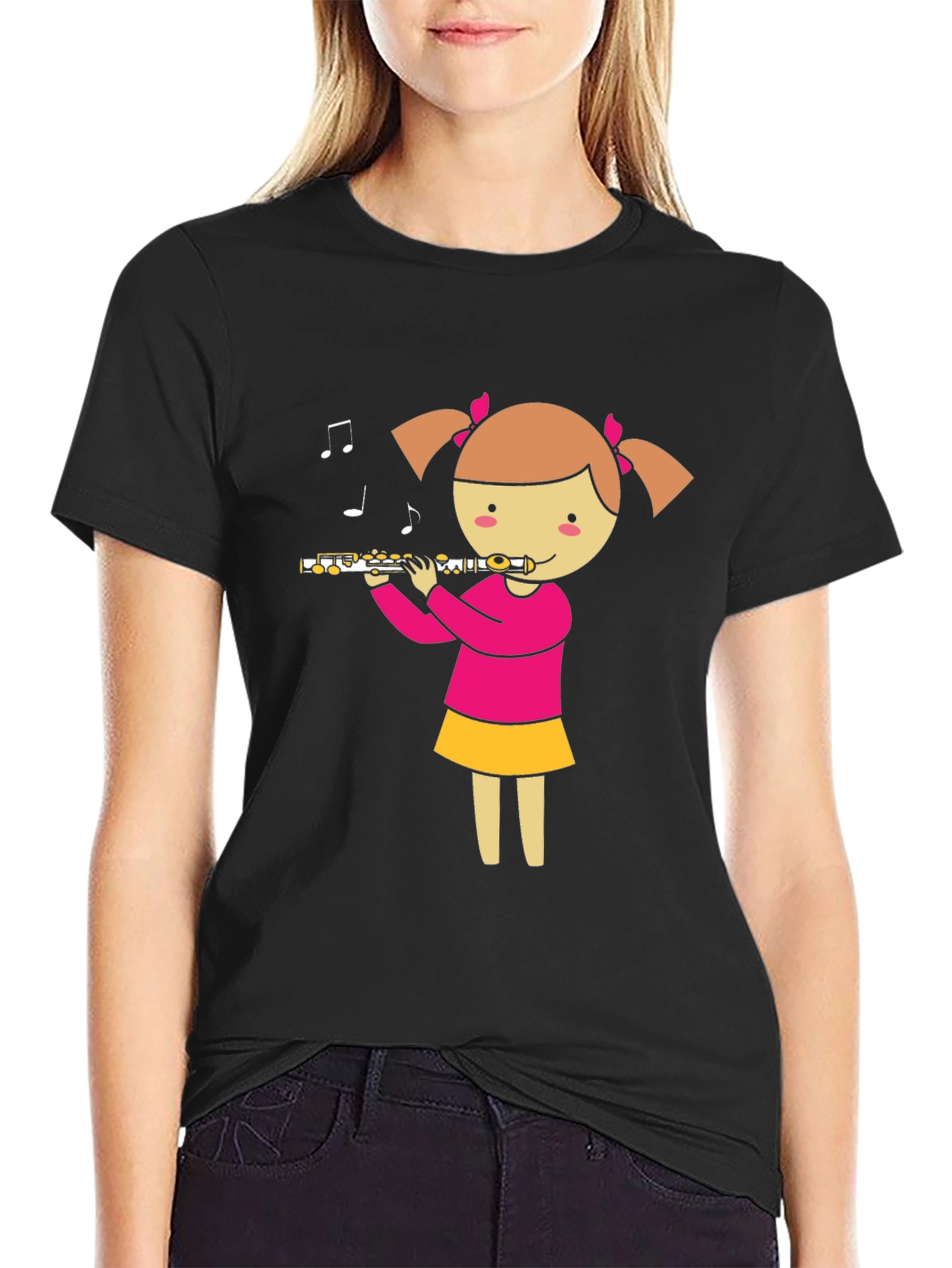 Camiseta Negra con Diseño de Niña Flautista