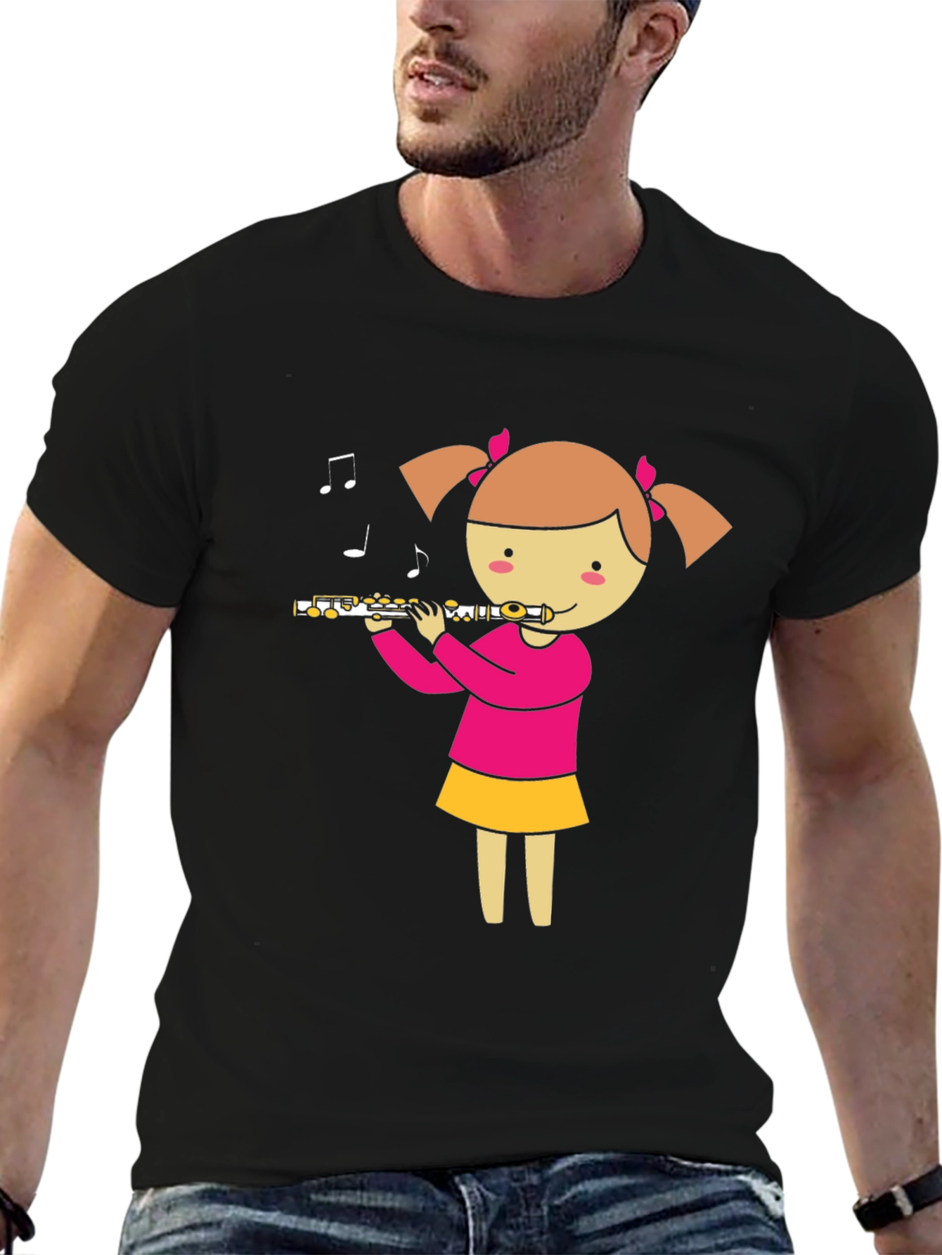 Camiseta Negra con Diseño de Niña Flautista