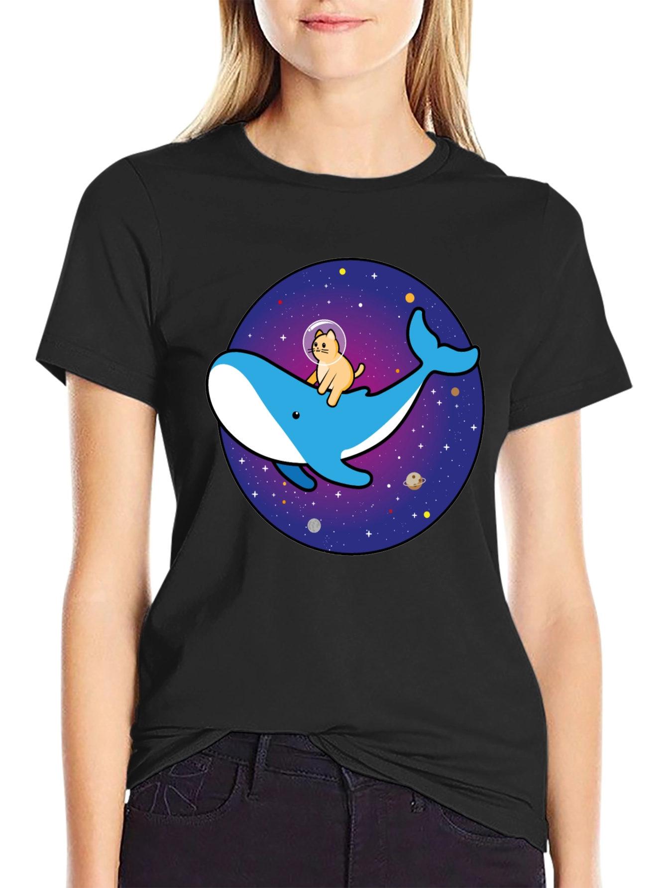 Camiseta Hombre Diseño Ballena Espacial y Gato Astronauta