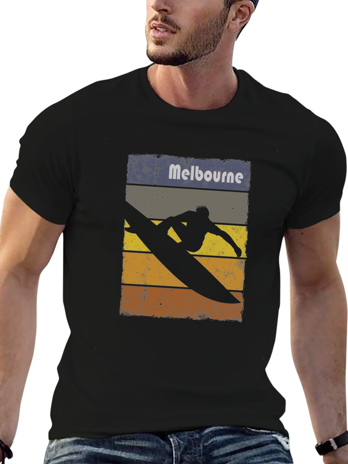 Camiseta Negra con Diseño de Surfista en Melbourne