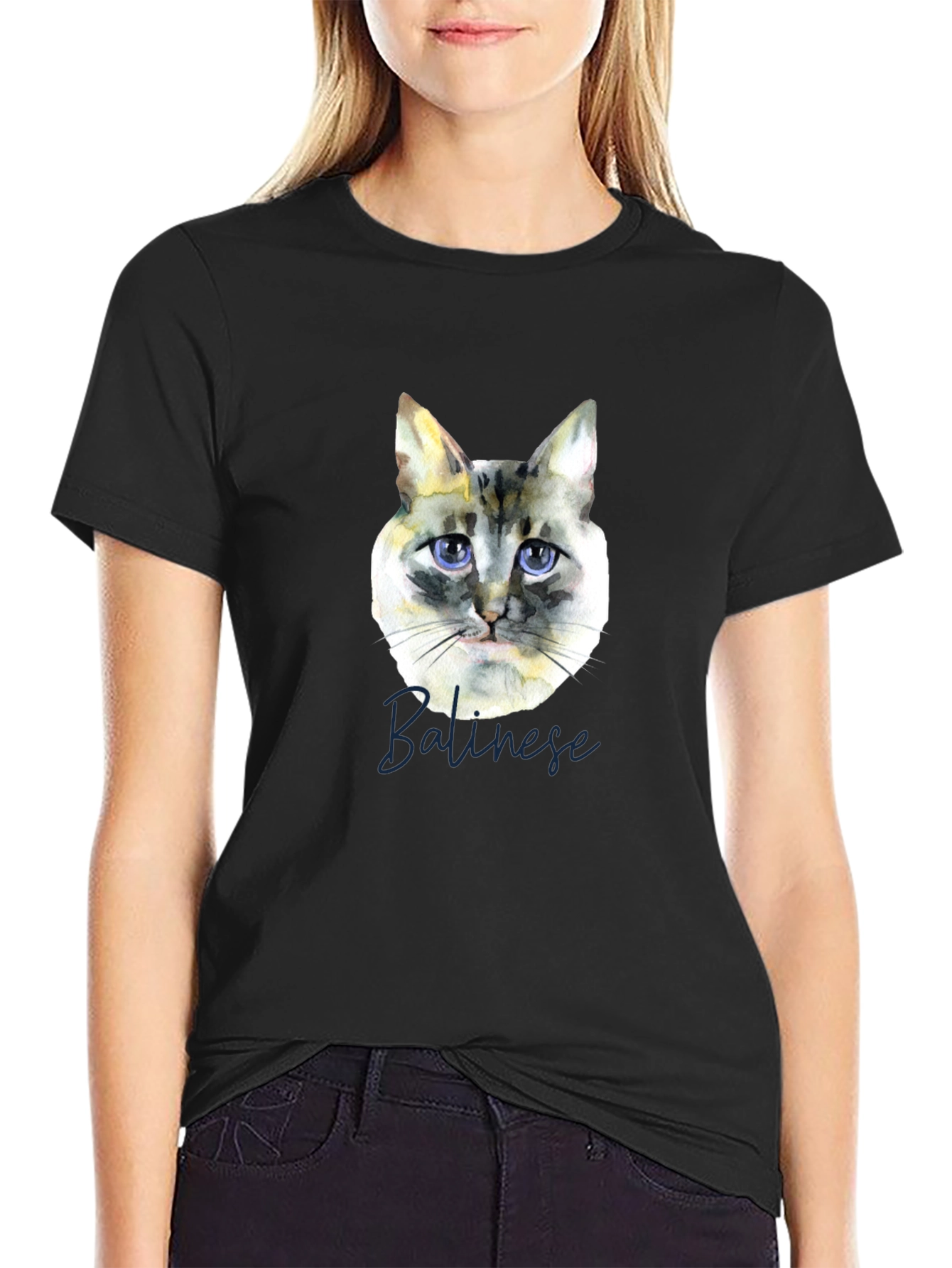 Camiseta Negra con Diseño de Gato Balinés