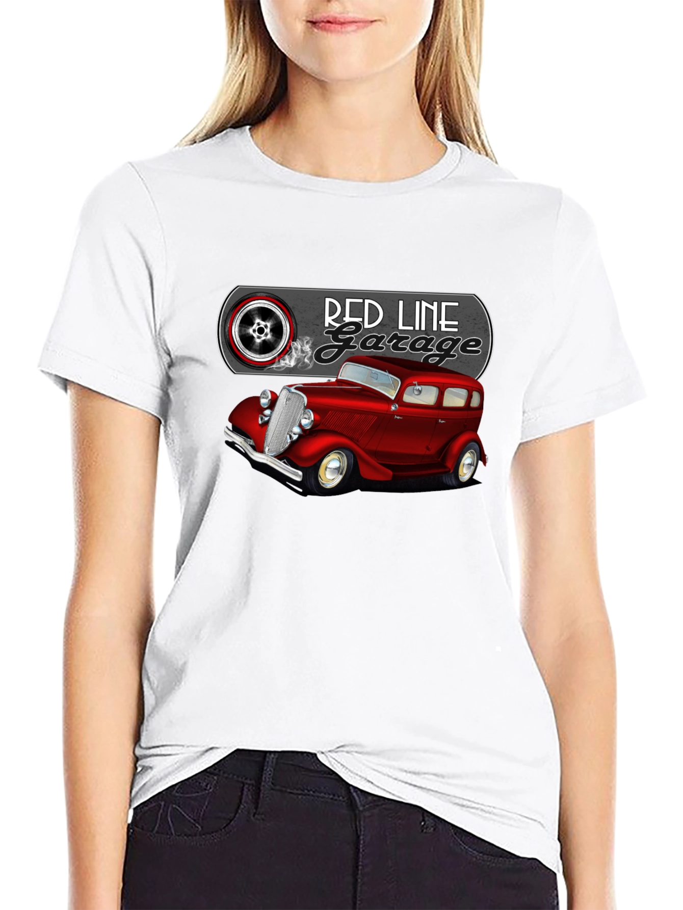 Camiseta Negra Red Line Garage Coche Clásico