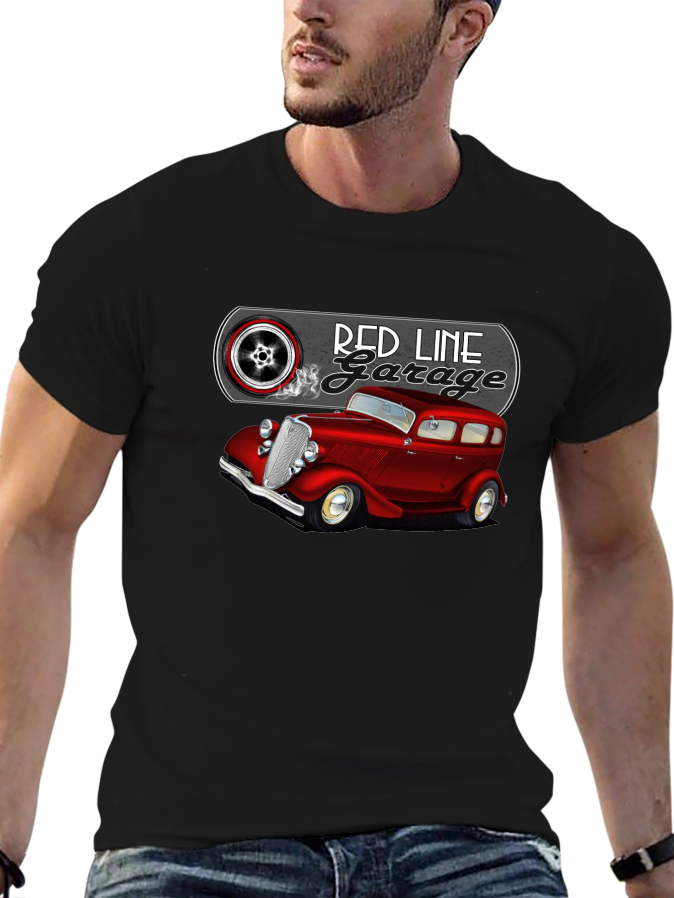Camiseta Negra Red Line Garage Coche Clásico