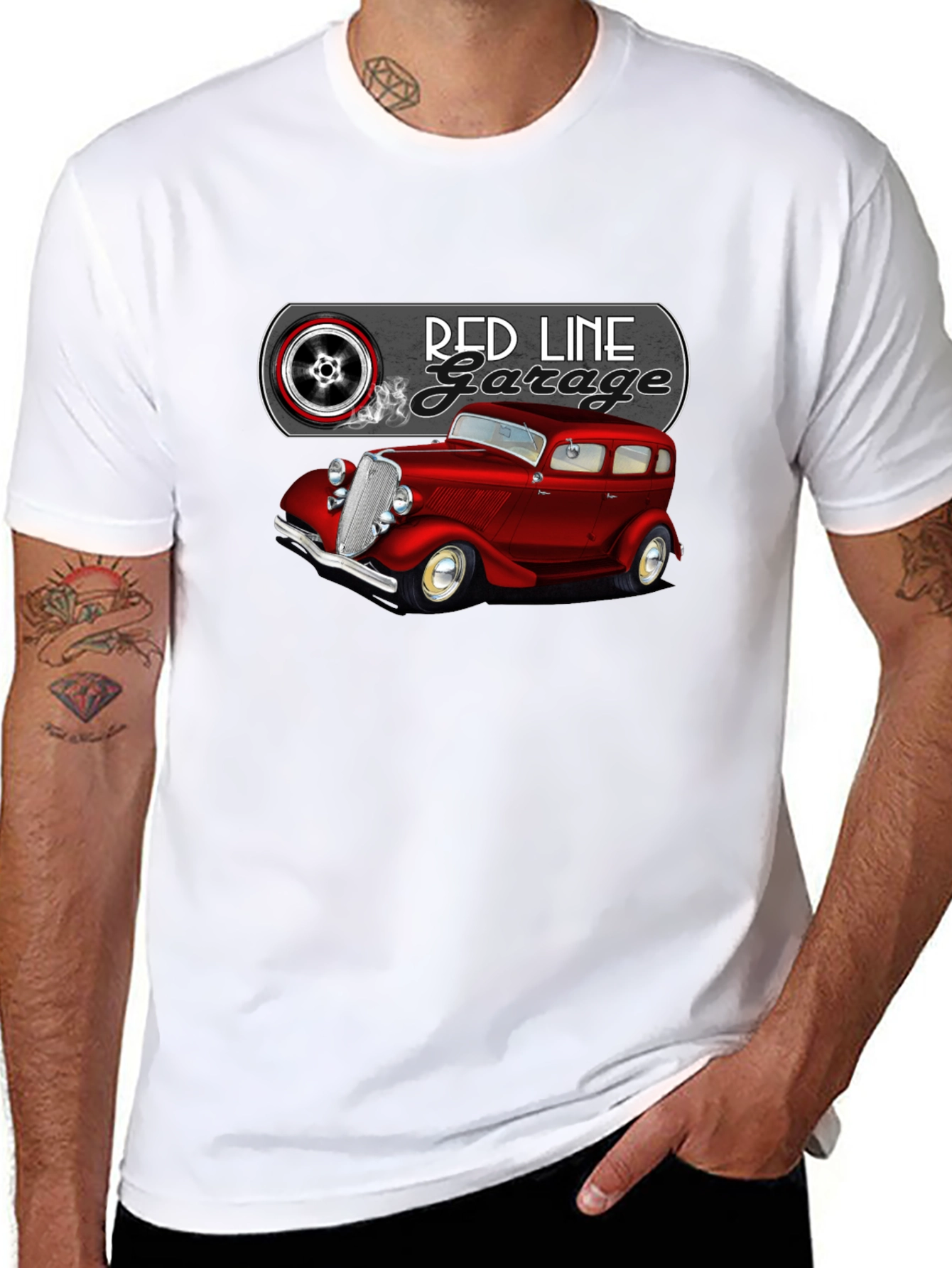 Camiseta Negra Red Line Garage Coche Clásico