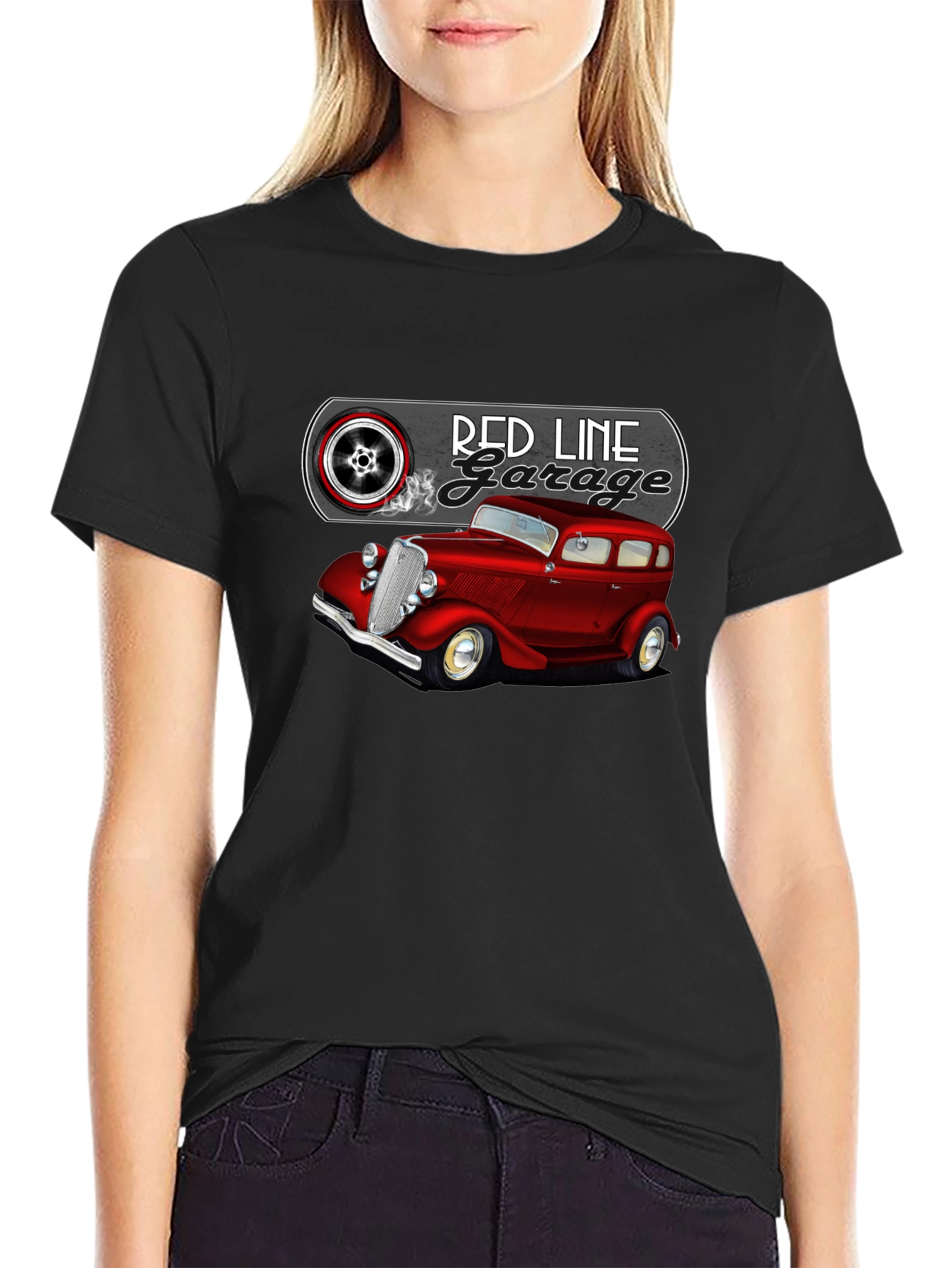 Camiseta Negra Red Line Garage Coche Clásico