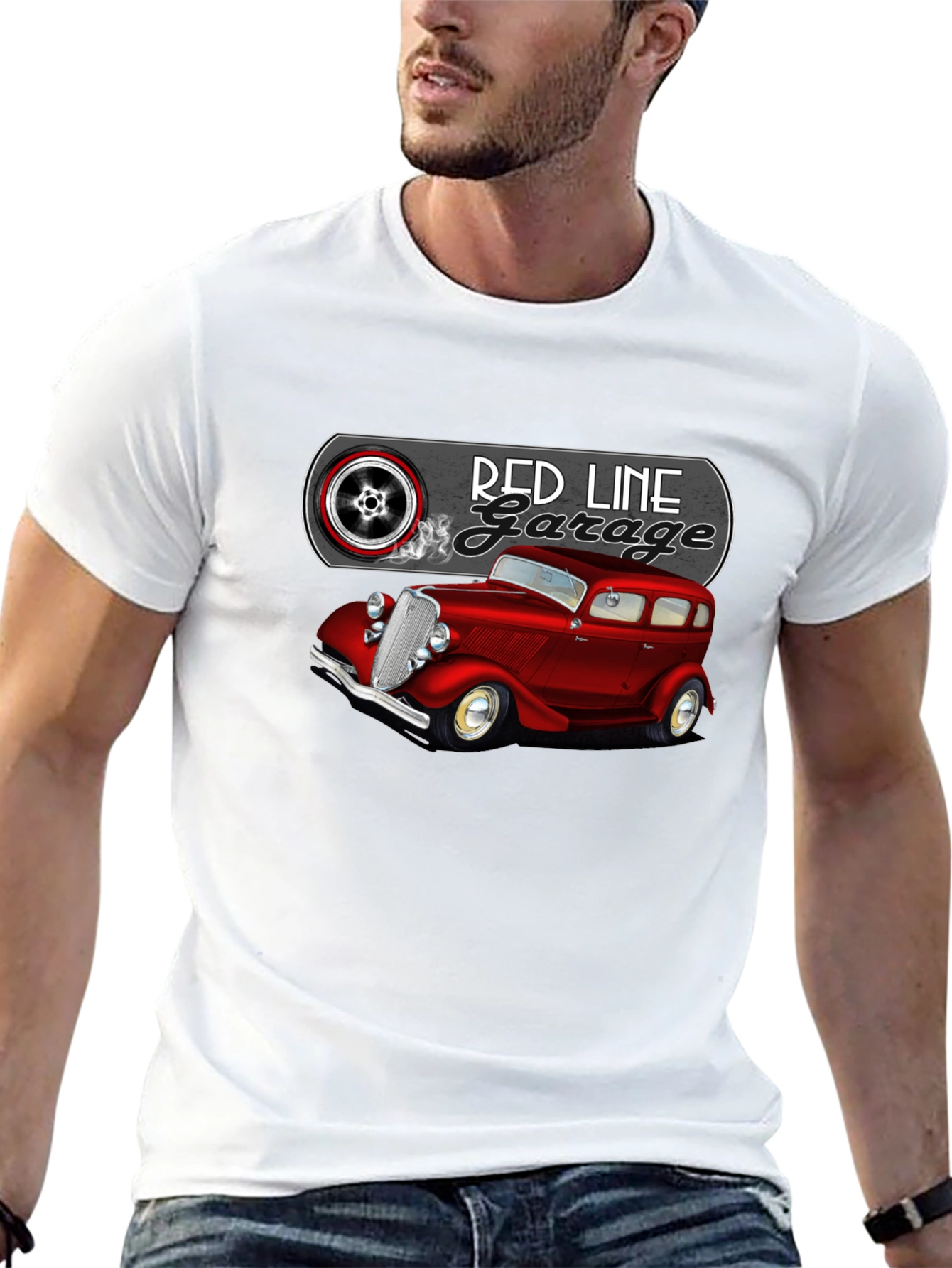 Camiseta Negra Red Line Garage Coche Clásico