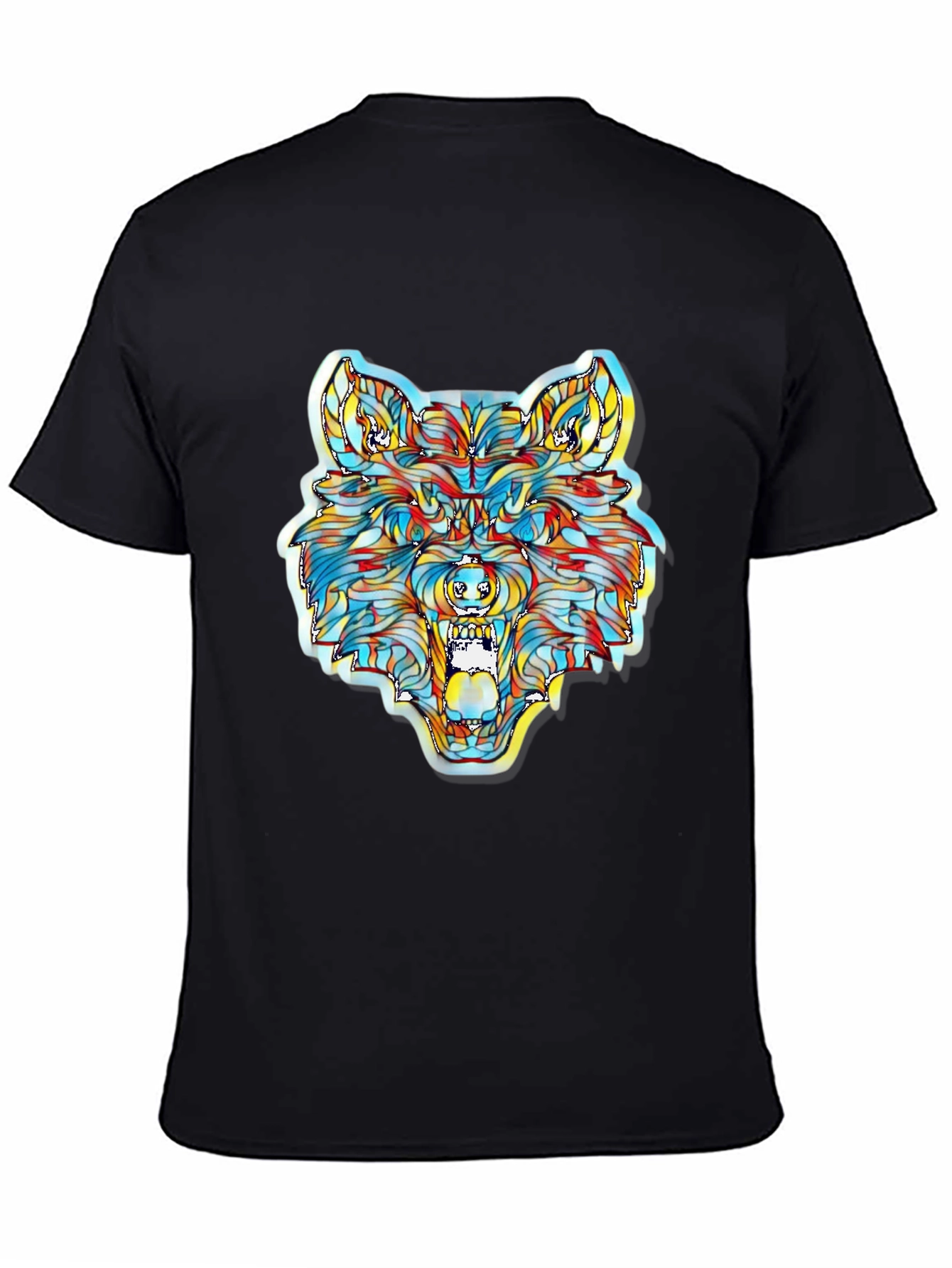 Camiseta Negra con Diseño de Lobo Psicodélico