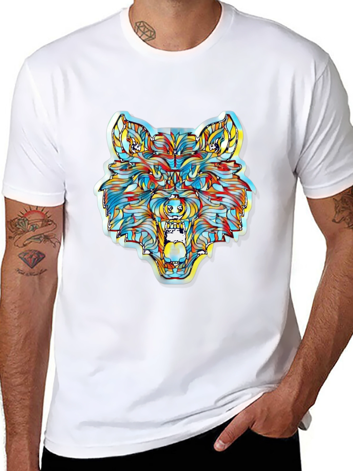 Camiseta Negra con Diseño de Lobo Psicodélico
