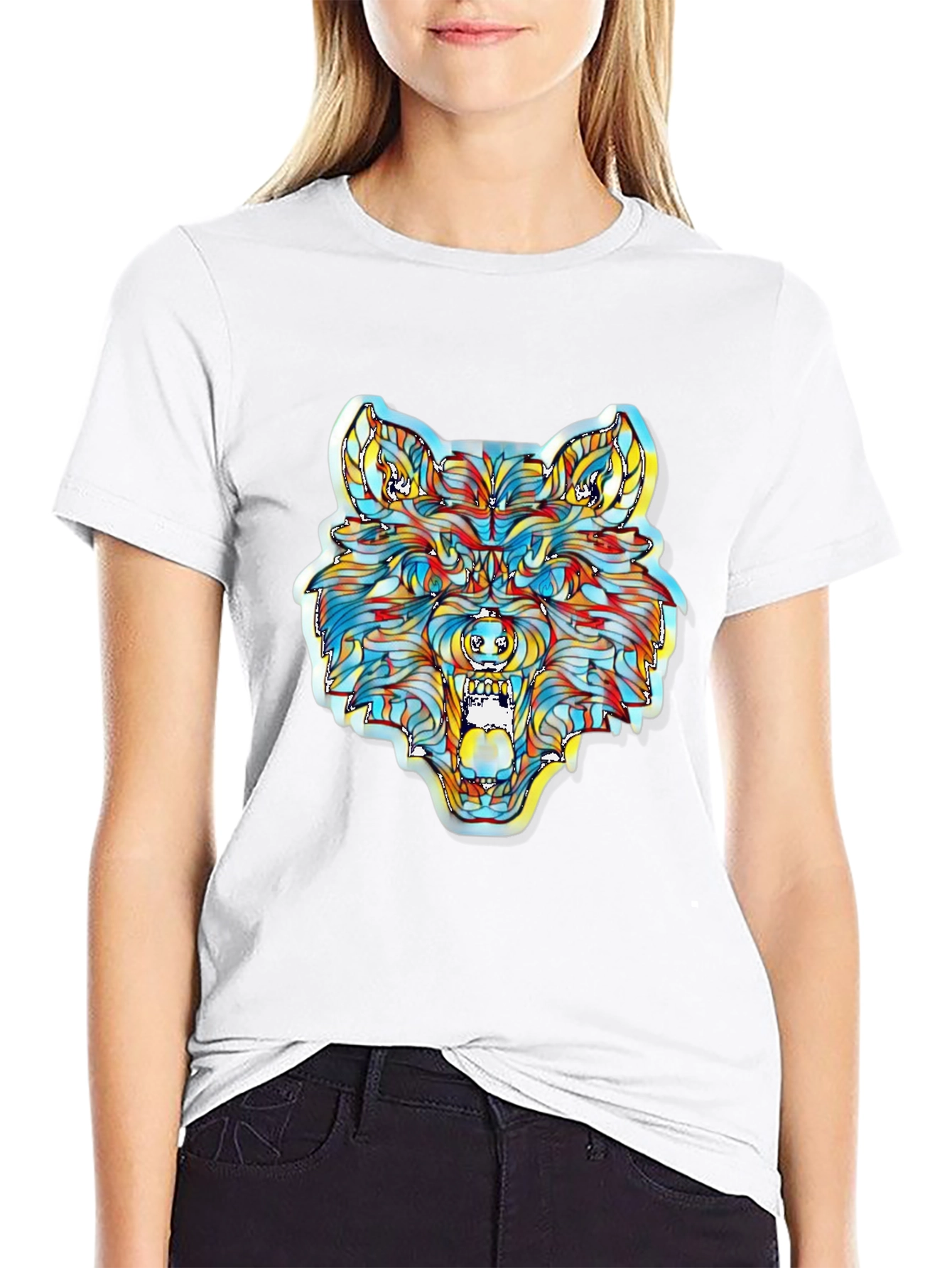 Camiseta Negra con Diseño de Lobo Psicodélico