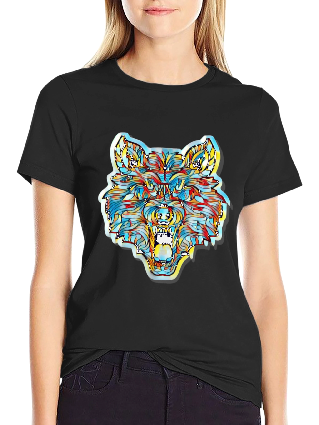 Camiseta Negra con Diseño de Lobo Psicodélico