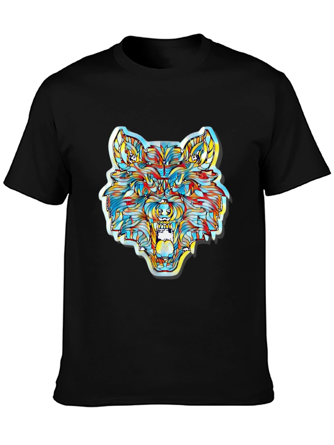 Camiseta Negra con Diseño de Lobo Psicodélico