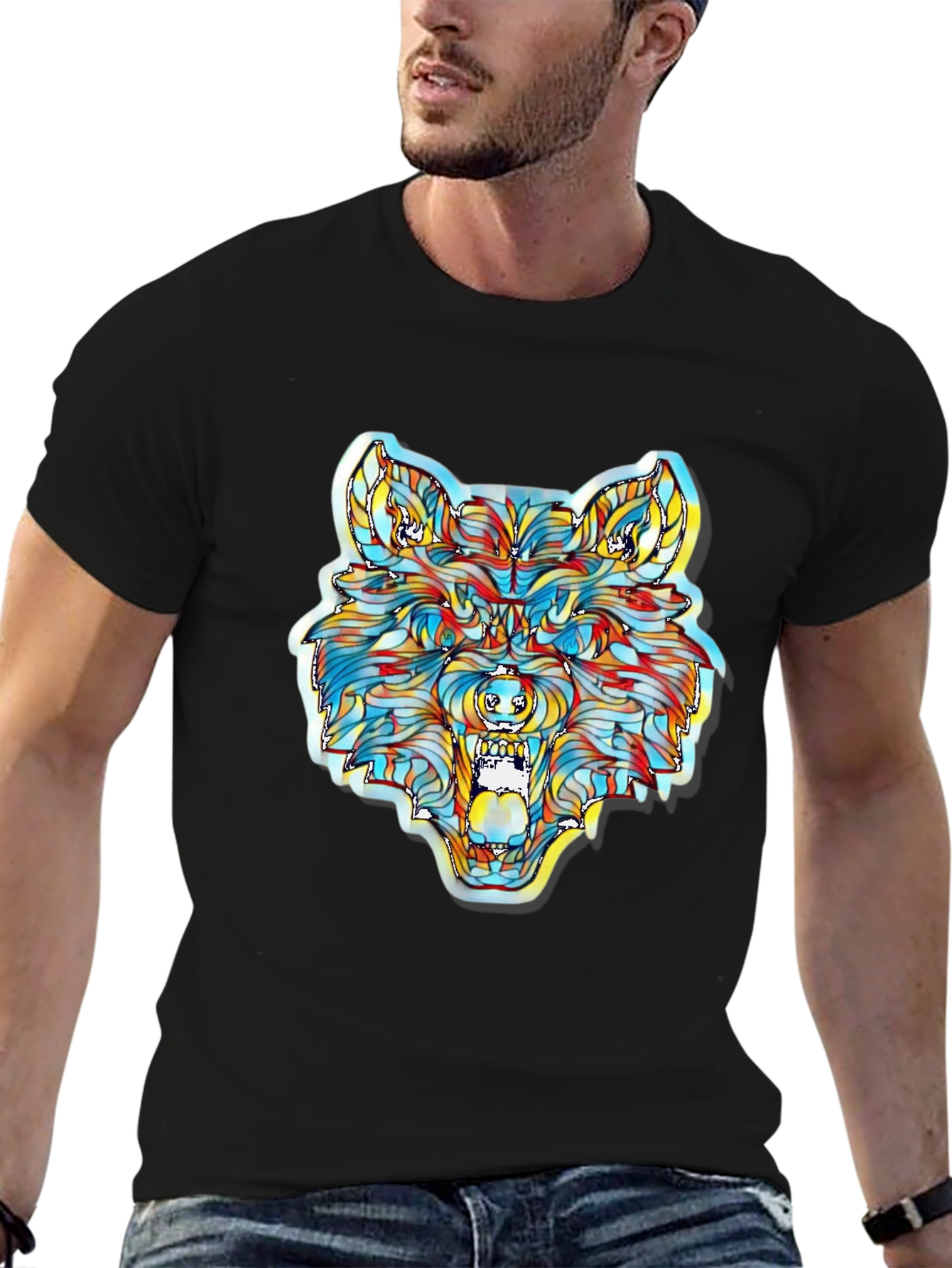 Camiseta Negra con Diseño de Lobo Psicodélico