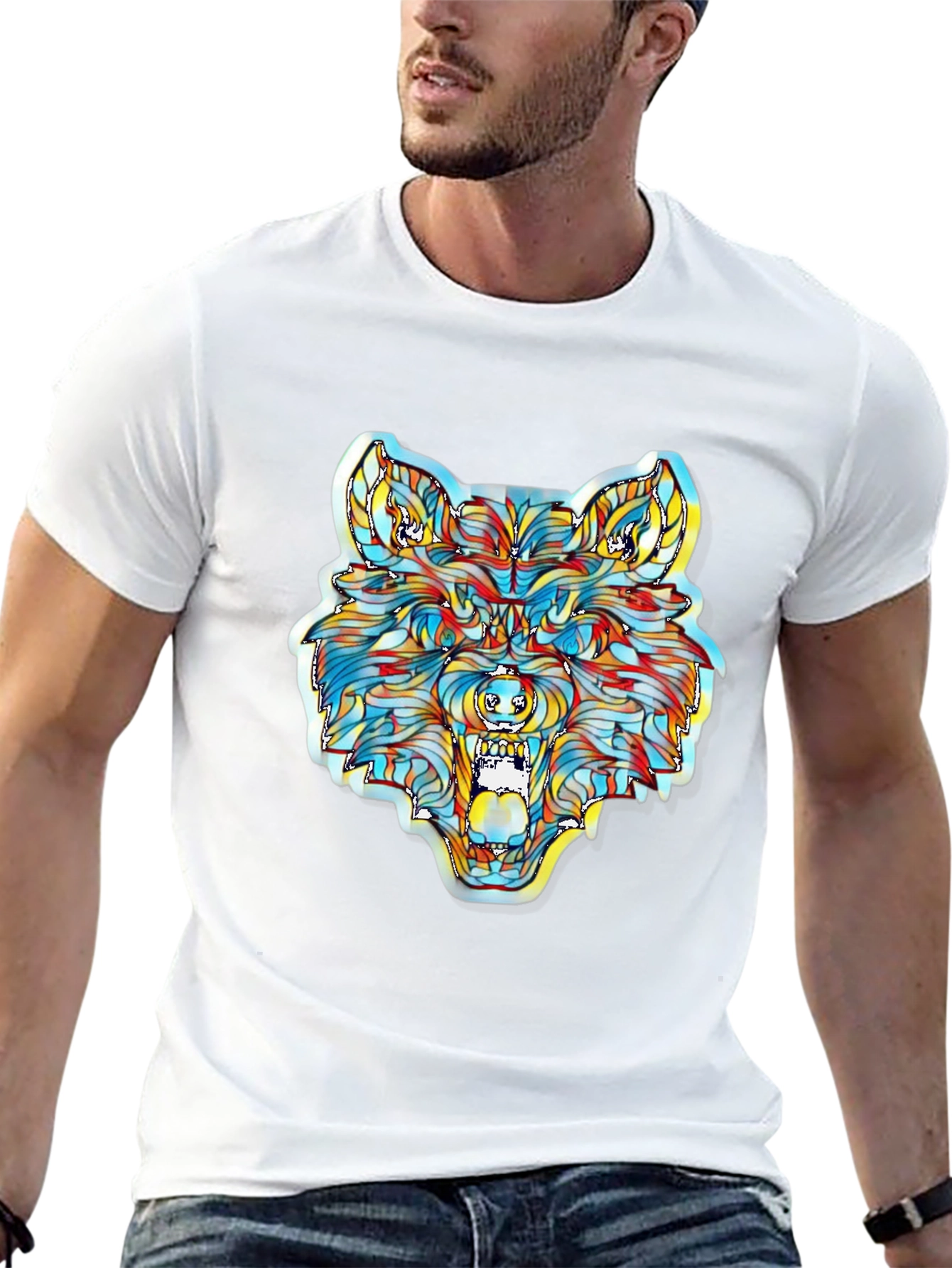 Camiseta Negra con Diseño de Lobo Psicodélico