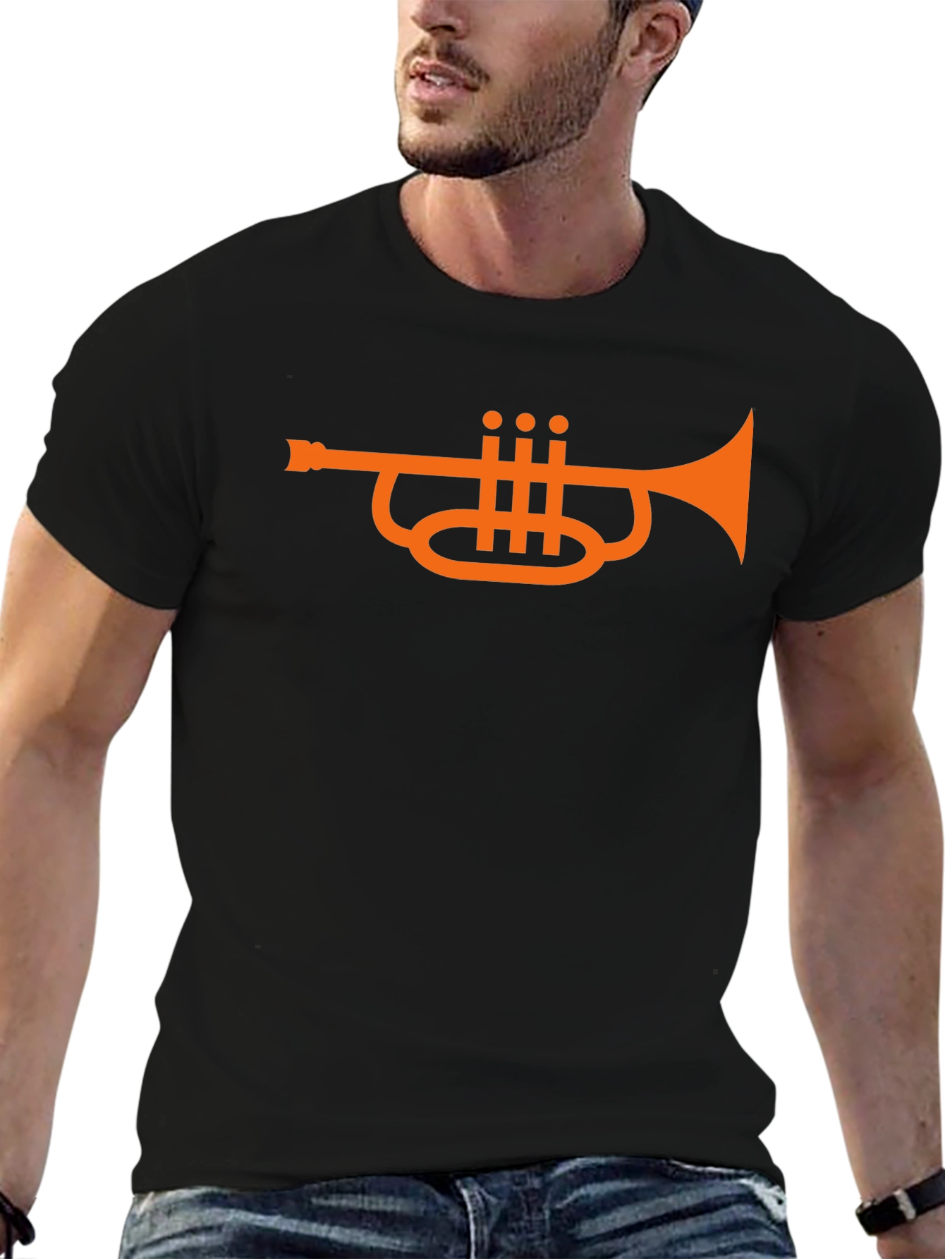 Camiseta Negra con Diseño de Trompeta Naranja