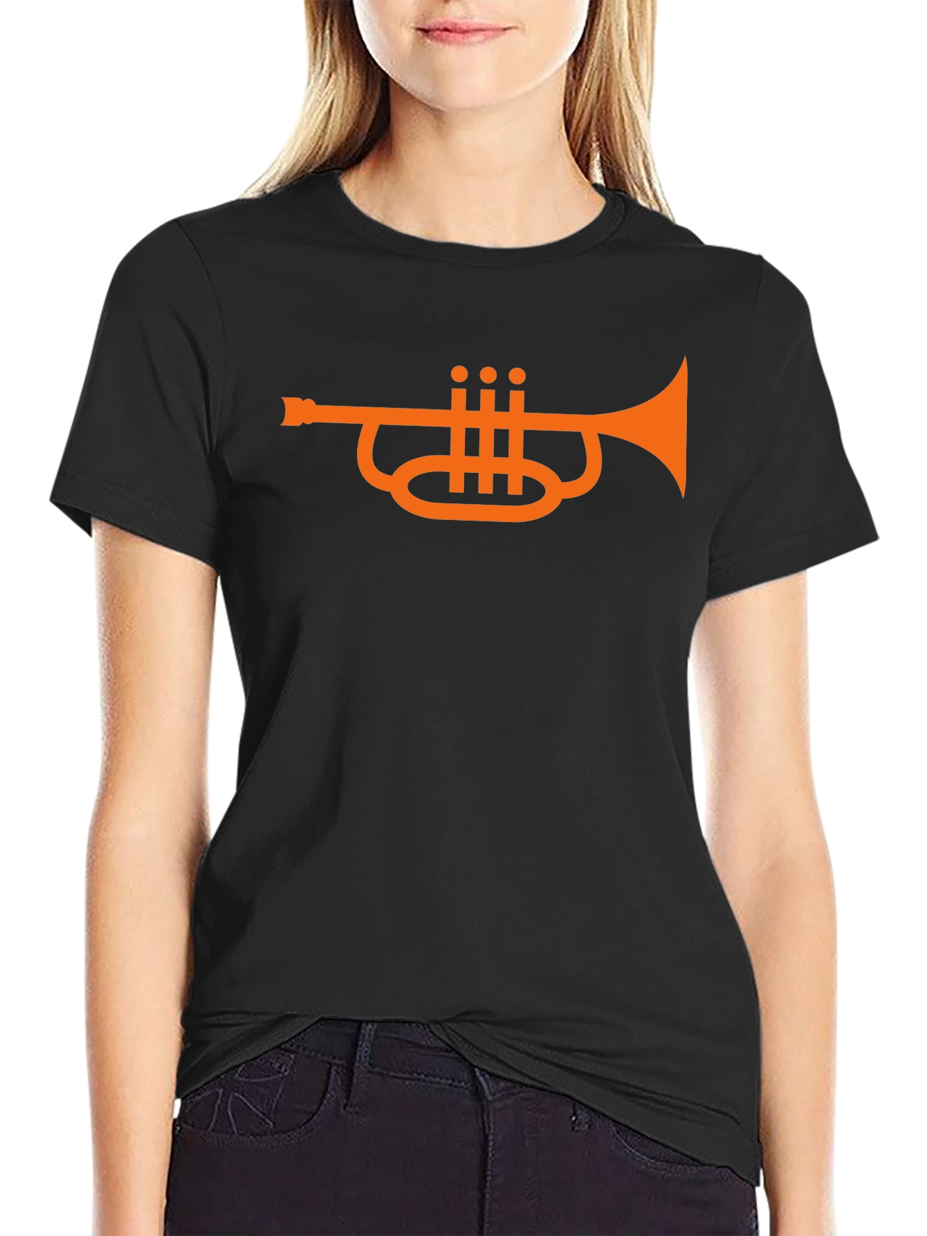 Camiseta Negra con Diseño de Trompeta Naranja
