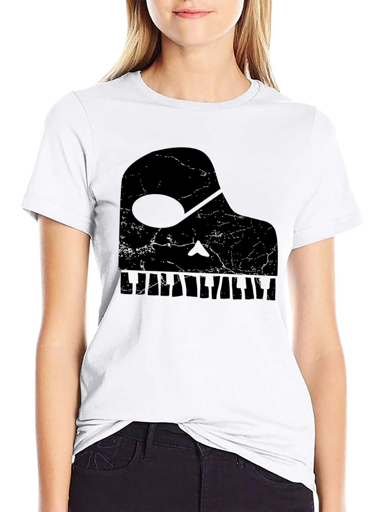 Camiseta Negra con Diseño Piano Musical