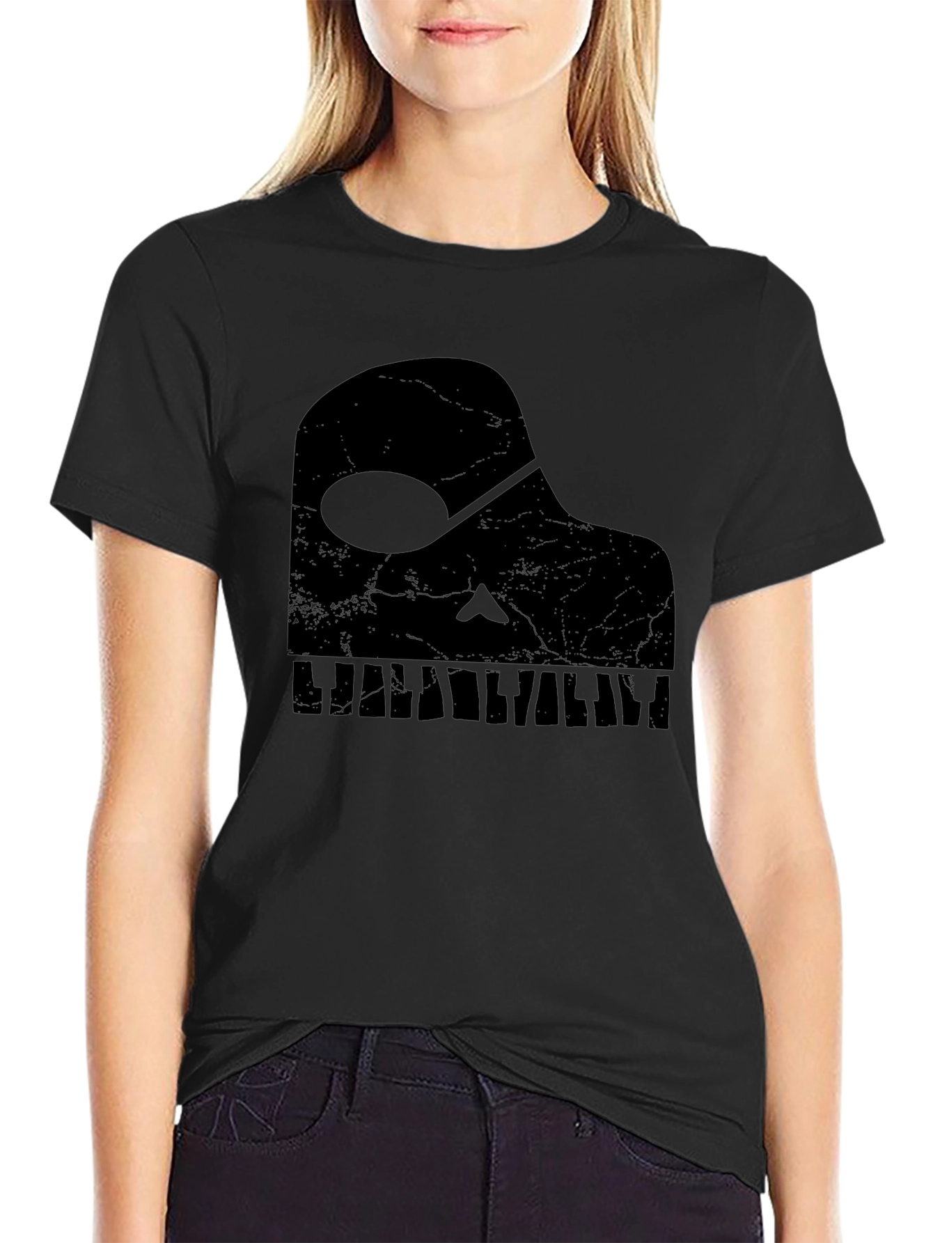 Camiseta Negra con Diseño Piano Musical