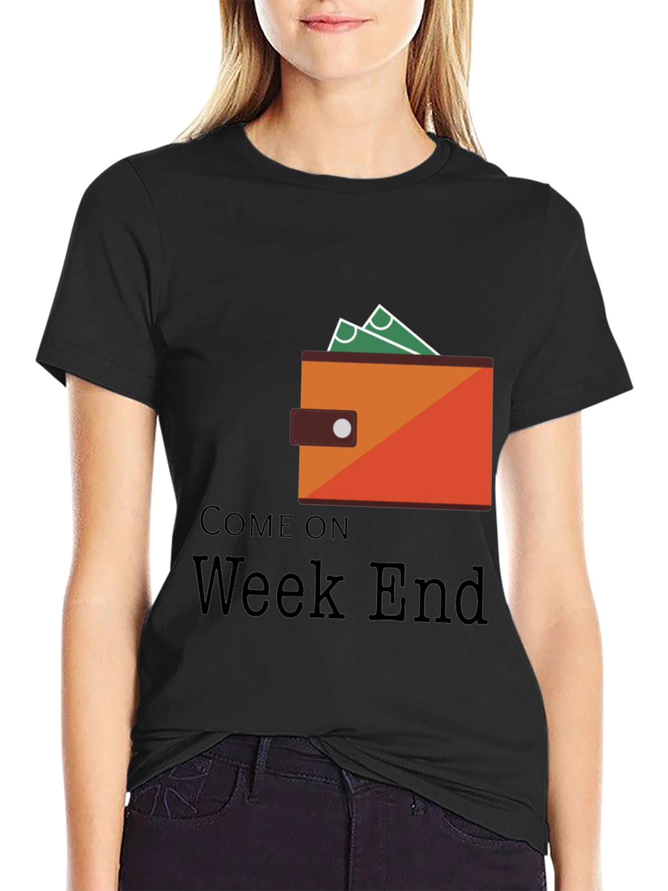 Camiseta Negra Come On Weekend con Diseño de Billetera