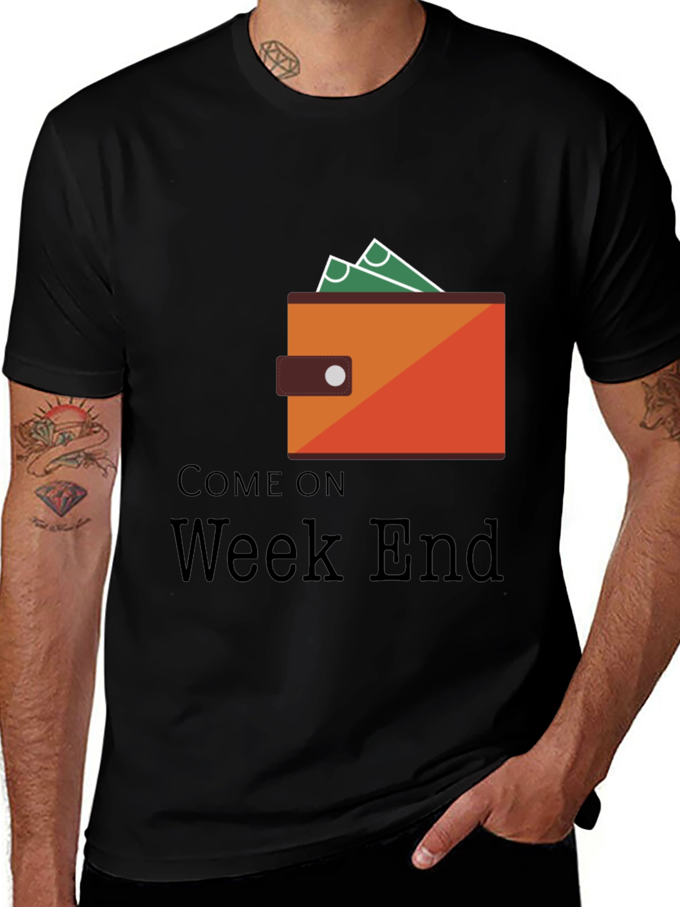 Camiseta Negra Come On Weekend con Diseño de Billetera