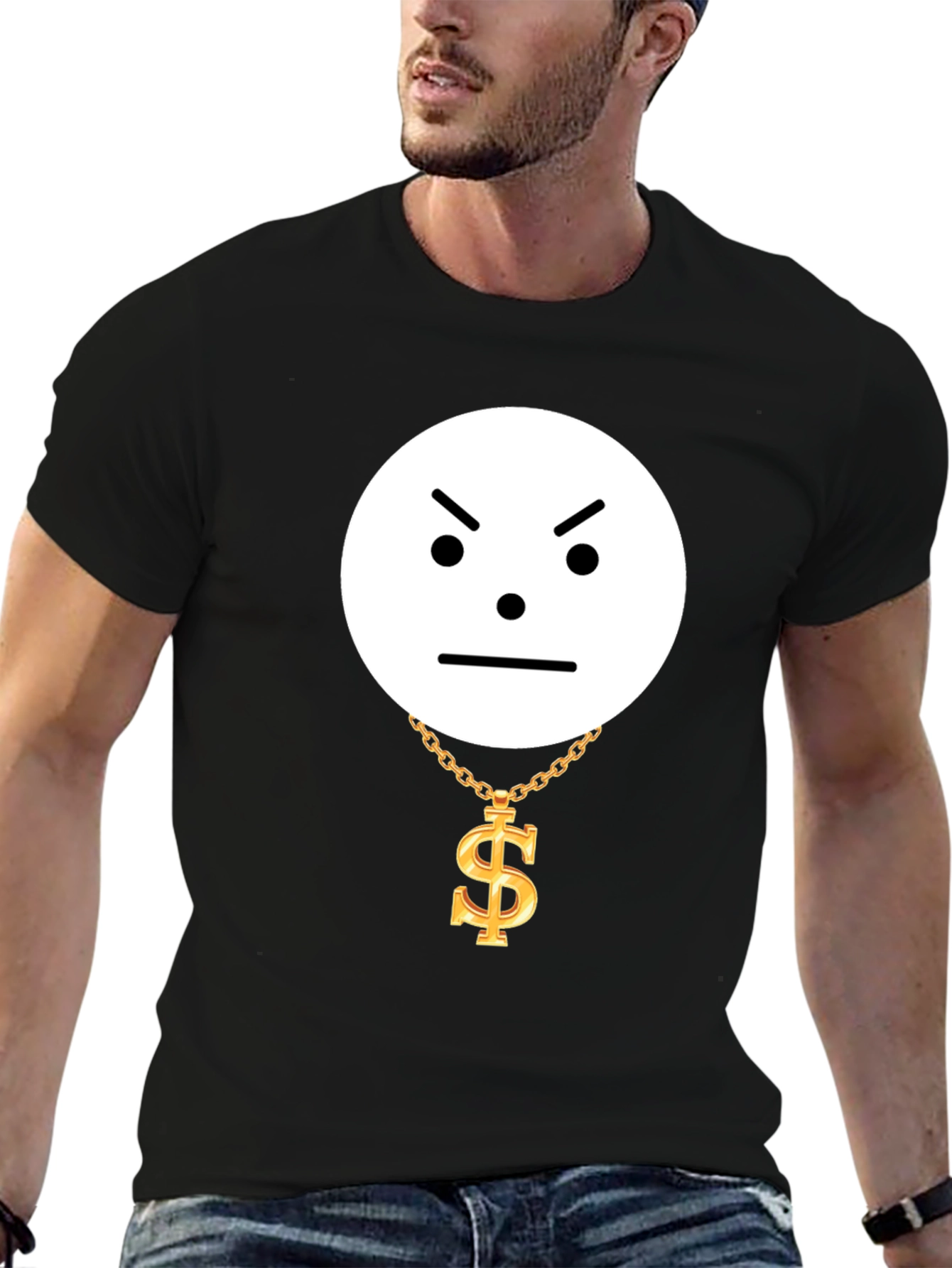 Camiseta Negra Cara Enojada con Collar de Dólar