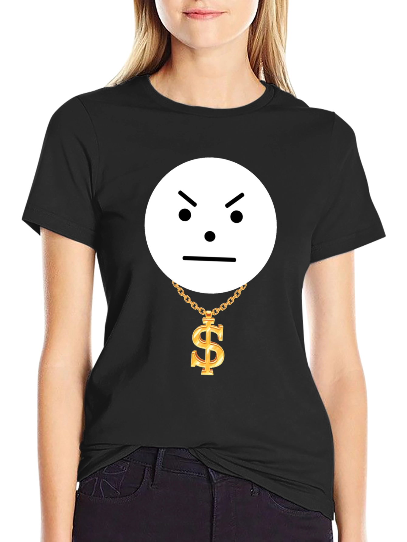 Camiseta Negra Cara Enojada con Collar de Dólar