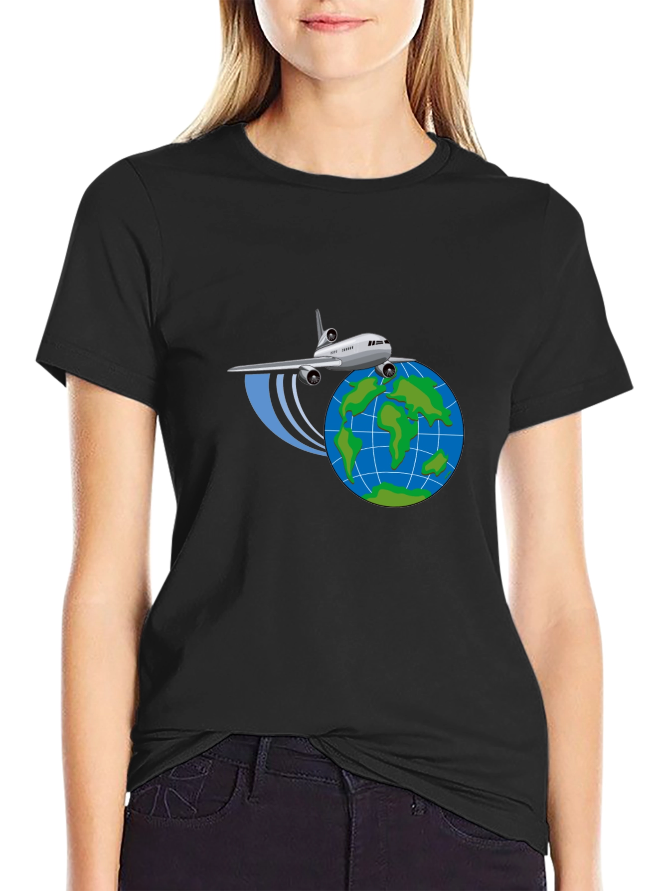 Camiseta Negra Diseño Avión y Globo - Viajes