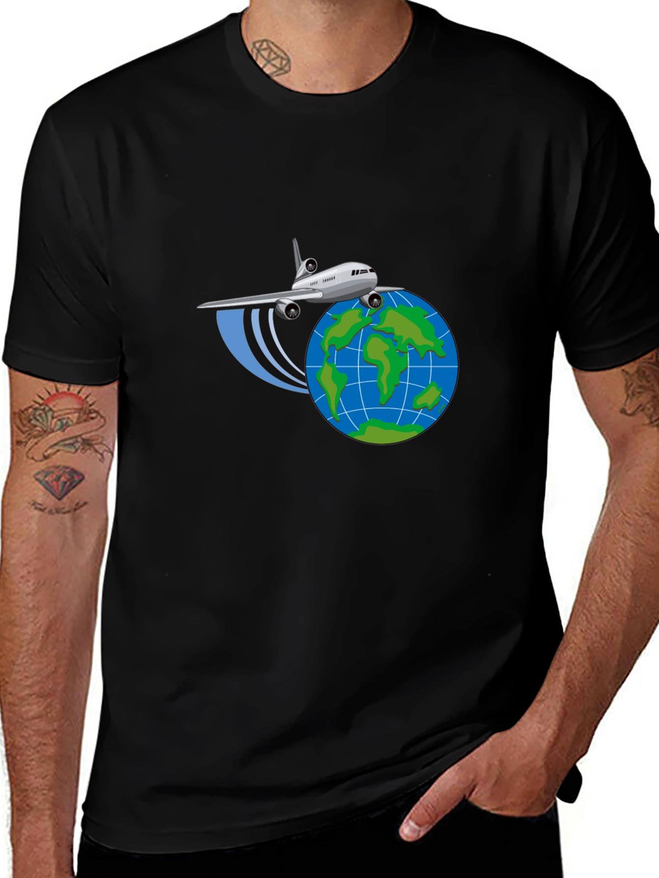 Camiseta Negra Diseño Avión y Globo - Viajes