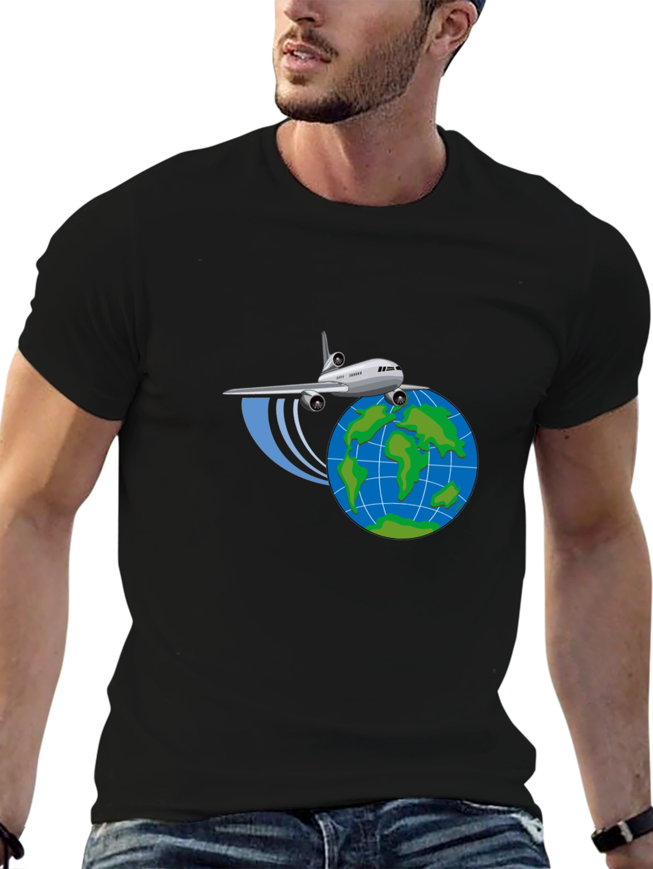 Camiseta Negra Diseño Avión y Globo - Viajes
