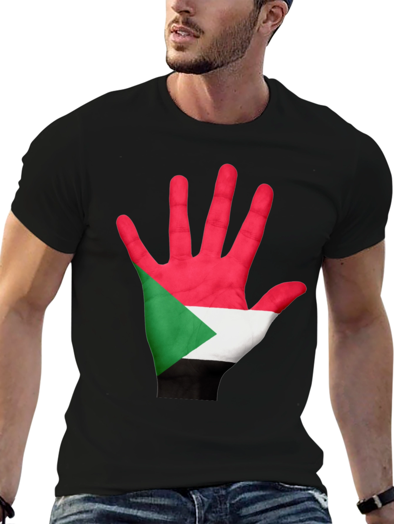 Camiseta Negra con Mano Bandera Sudán