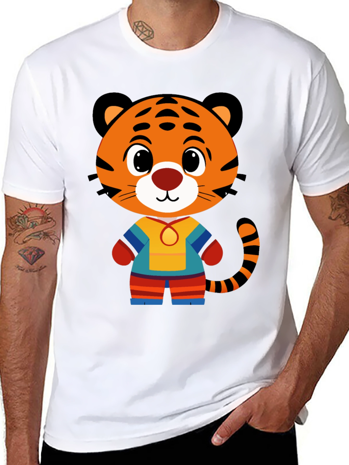 Camiseta Negra con Diseño de Tigre Animado para Hombre