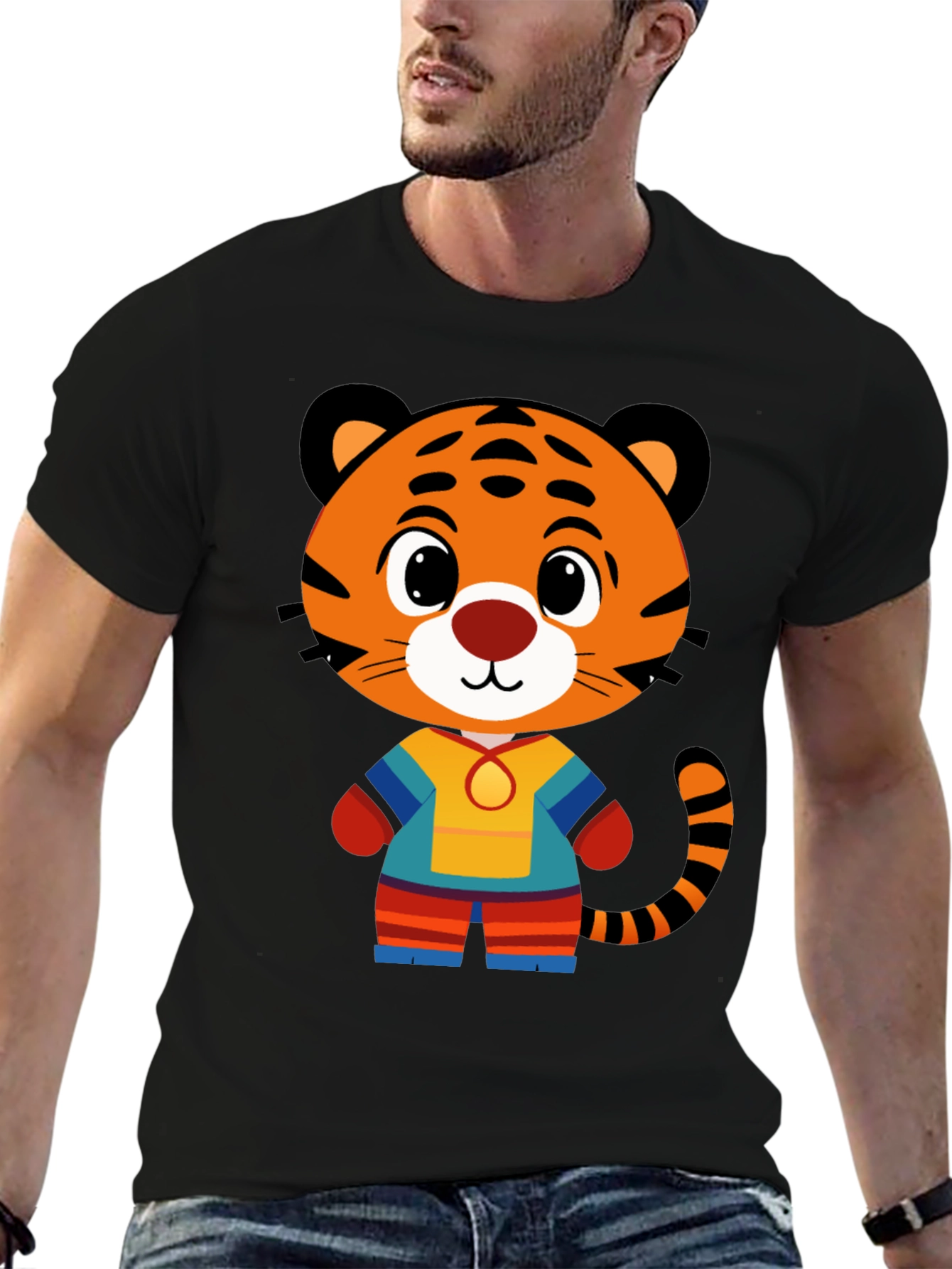 Camiseta Negra con Diseño de Tigre Animado para Hombre