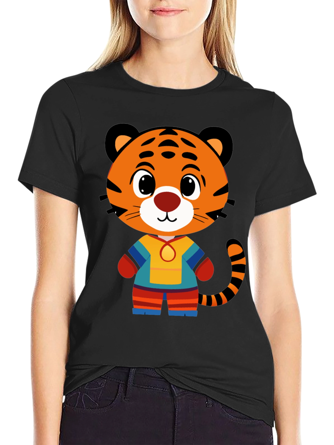 Camiseta Negra con Diseño de Tigre Animado para Hombre