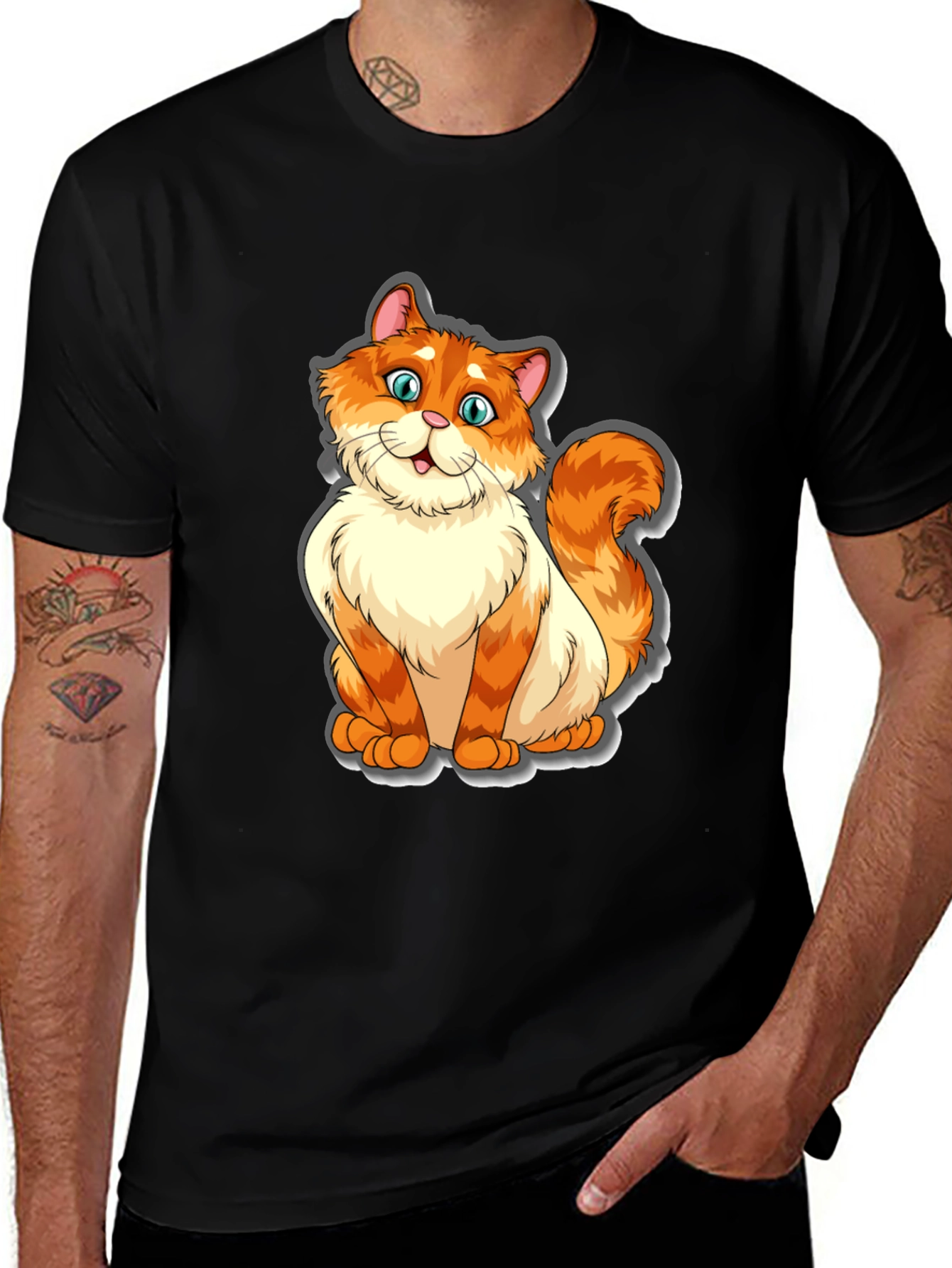 Camiseta Negra con Diseño de Gato Naranja