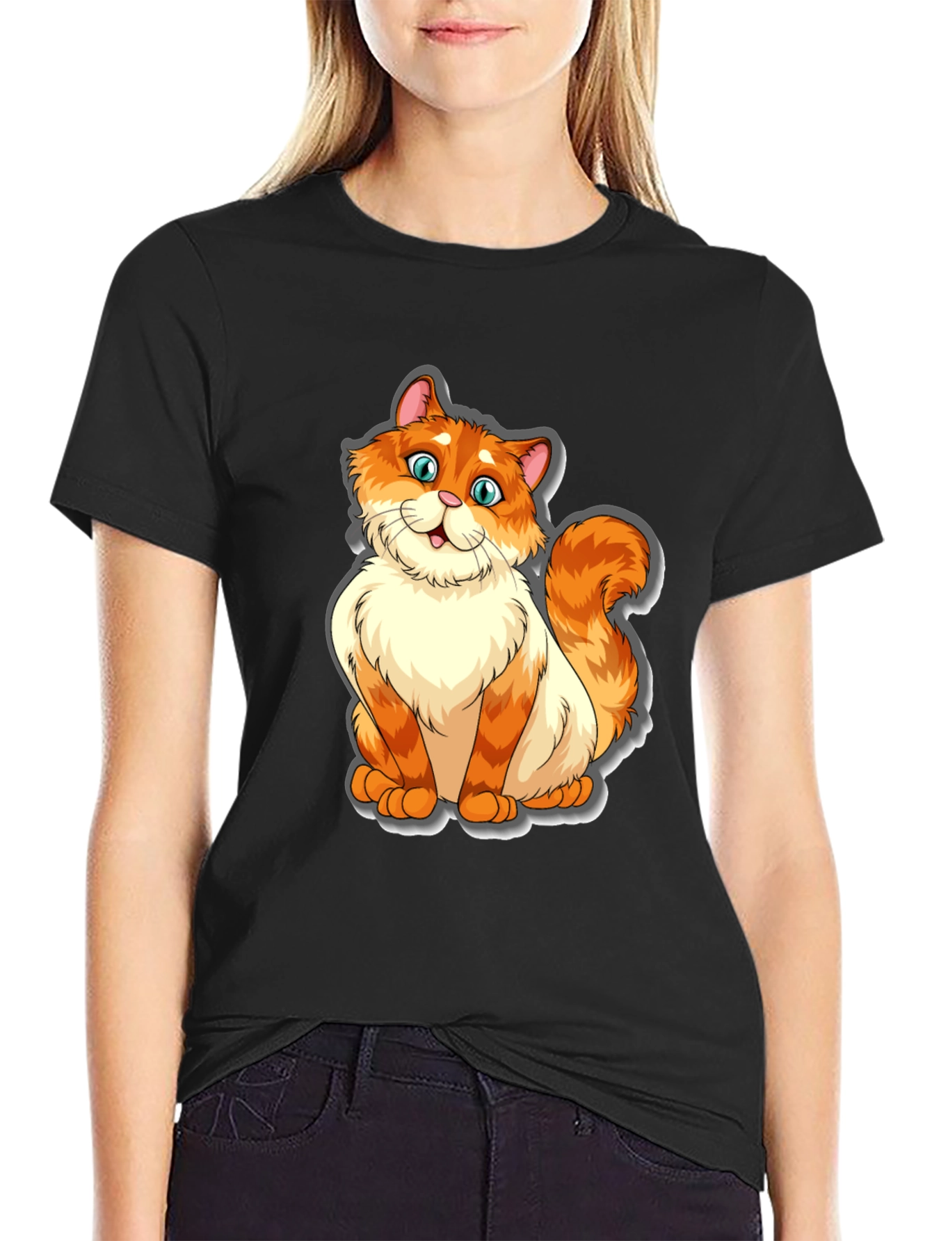 Camiseta Negra con Diseño de Gato Naranja