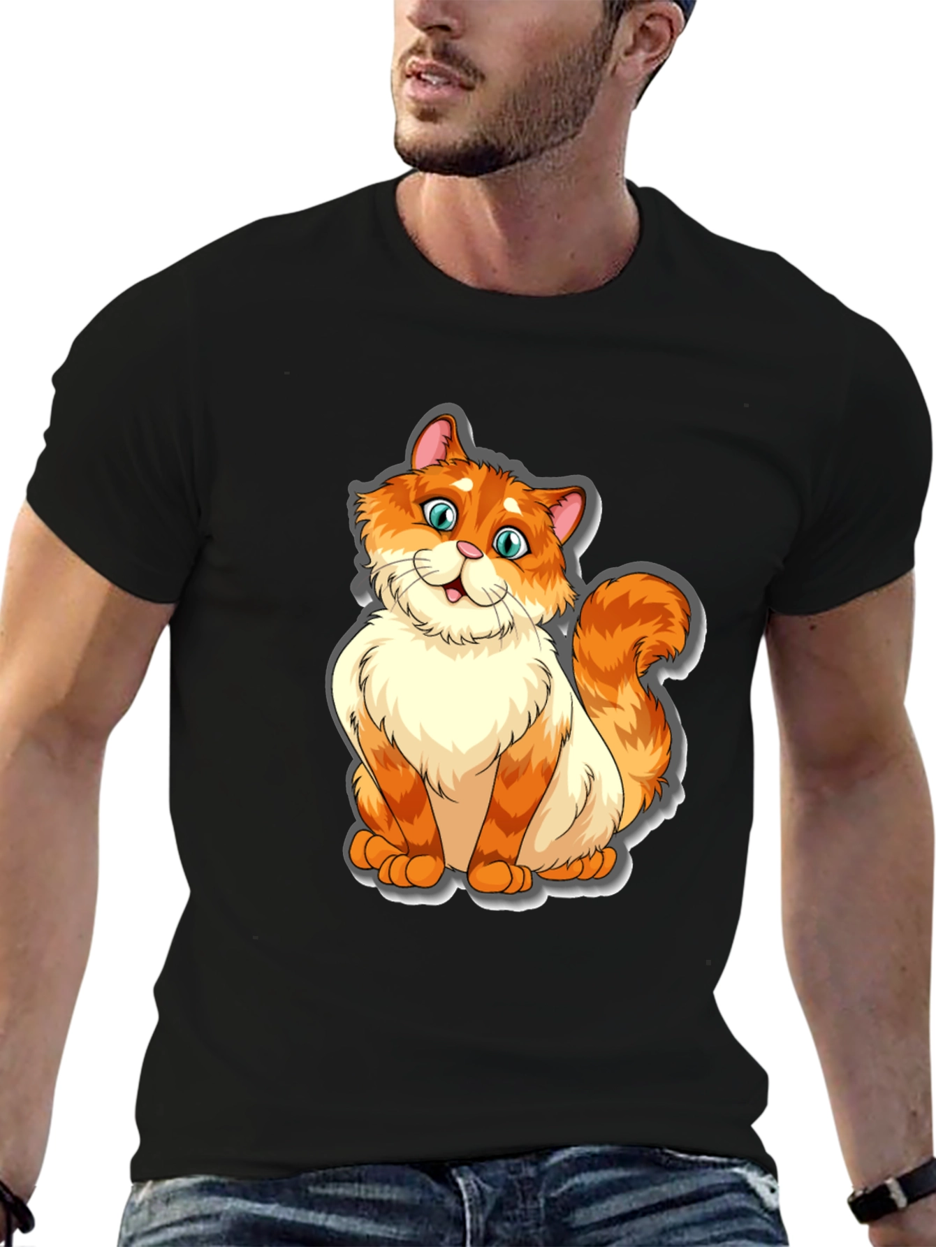 Camiseta Negra con Diseño de Gato Naranja