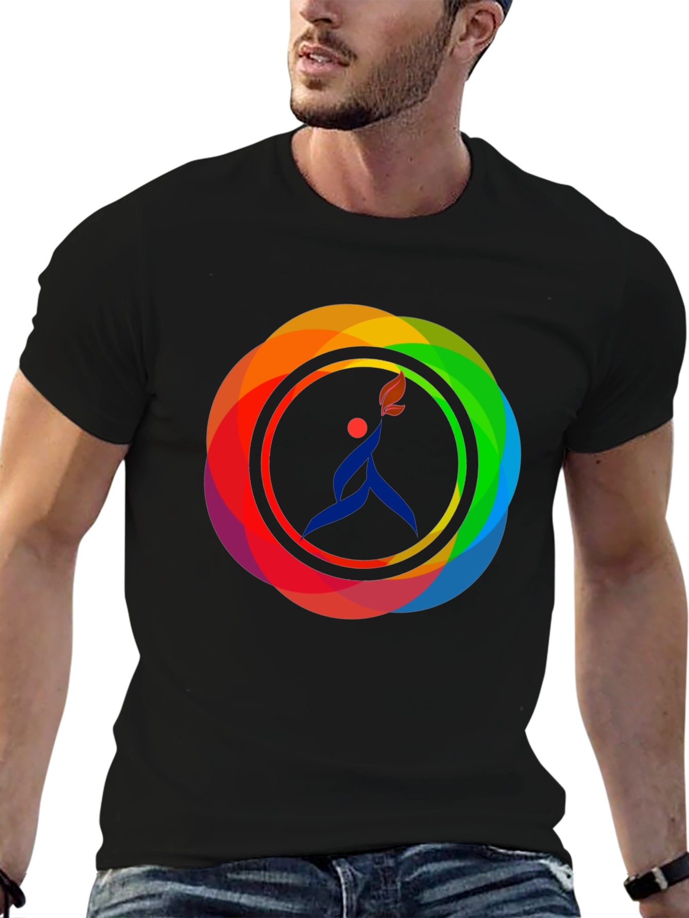 Camiseta Negra con Diseño Circular de Arcoíris