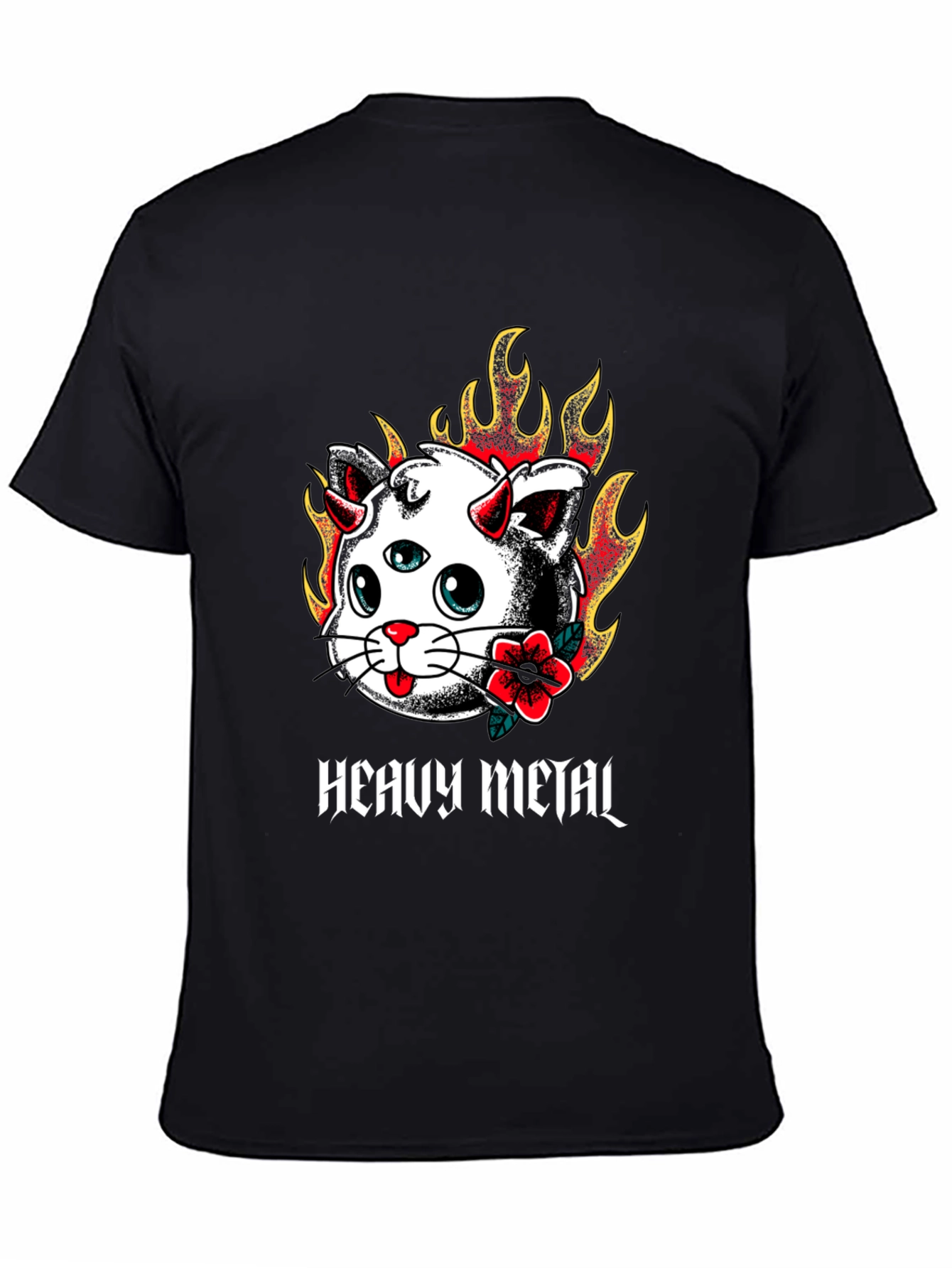 Camiseta Negra con Diseño Heavy Metal Cat