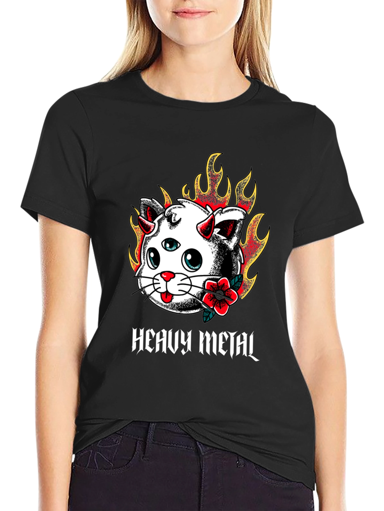 Camiseta Negra con Diseño Heavy Metal Cat