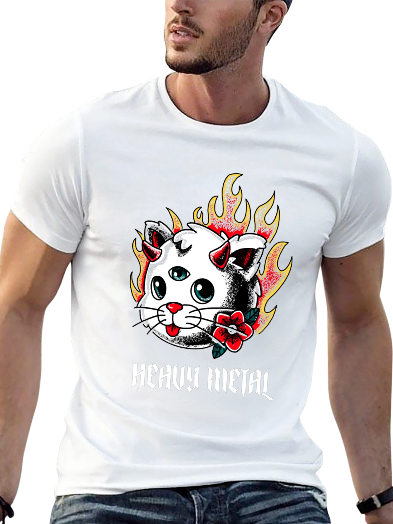 Camiseta Negra con Diseño Heavy Metal Cat