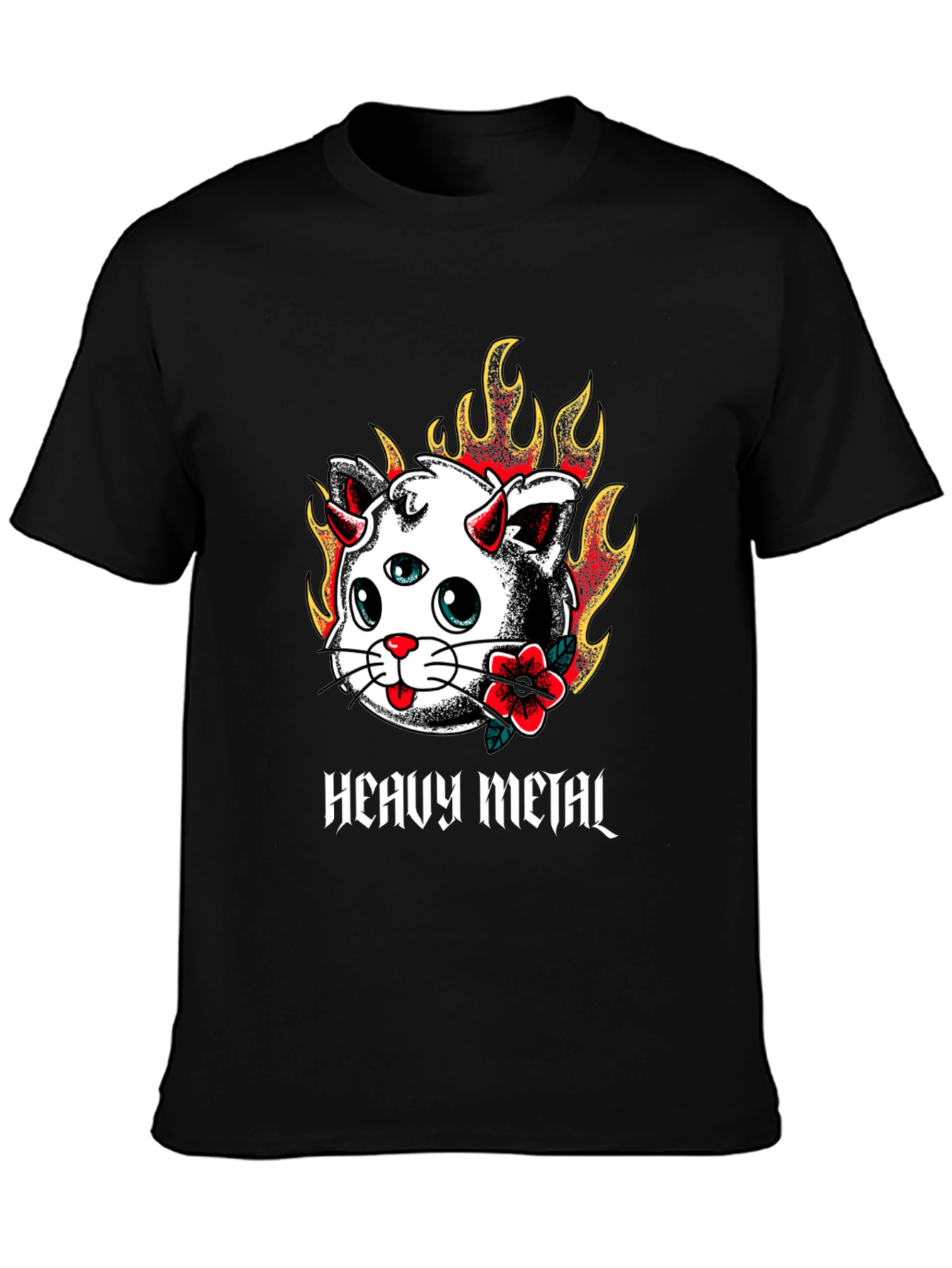 Camiseta Negra con Diseño Heavy Metal Cat