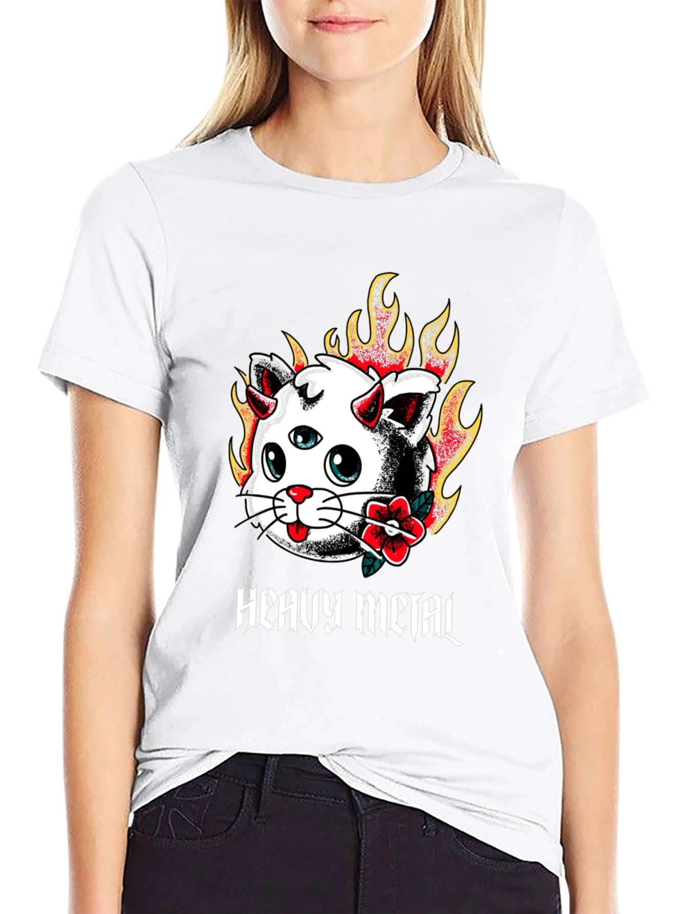 Camiseta Negra con Diseño Heavy Metal Cat