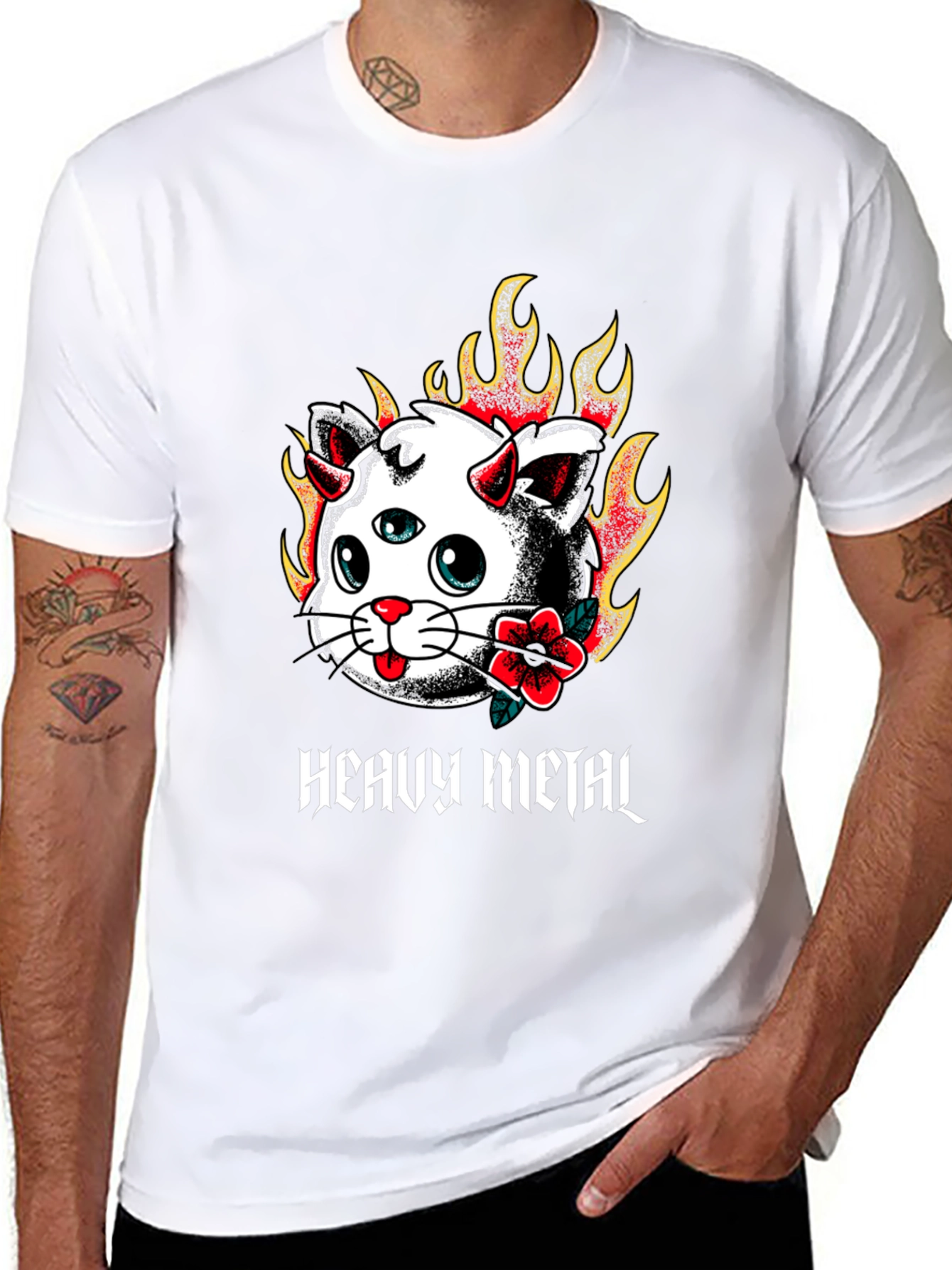 Camiseta Negra con Diseño Heavy Metal Cat