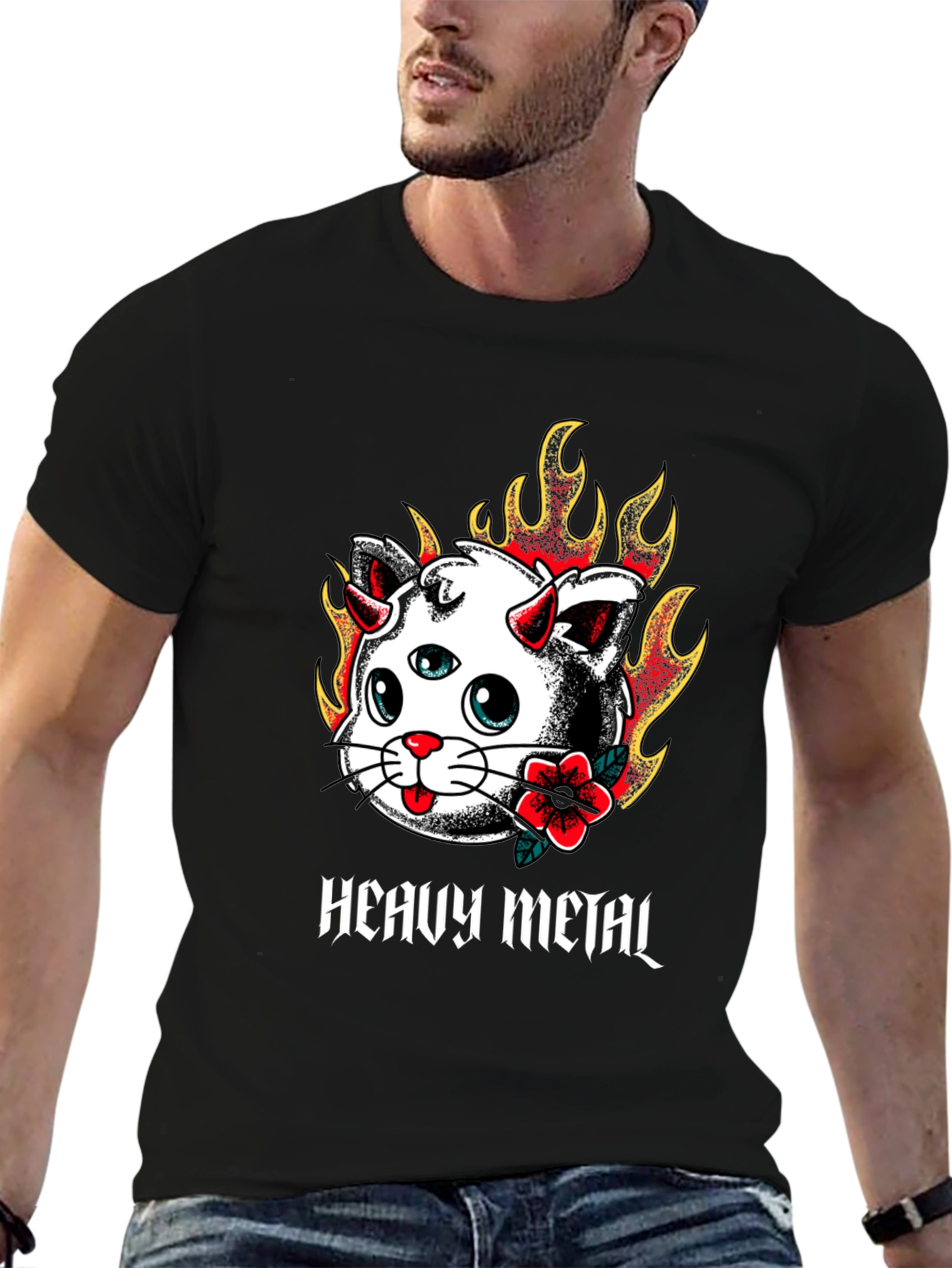 Camiseta Negra con Diseño Heavy Metal Cat