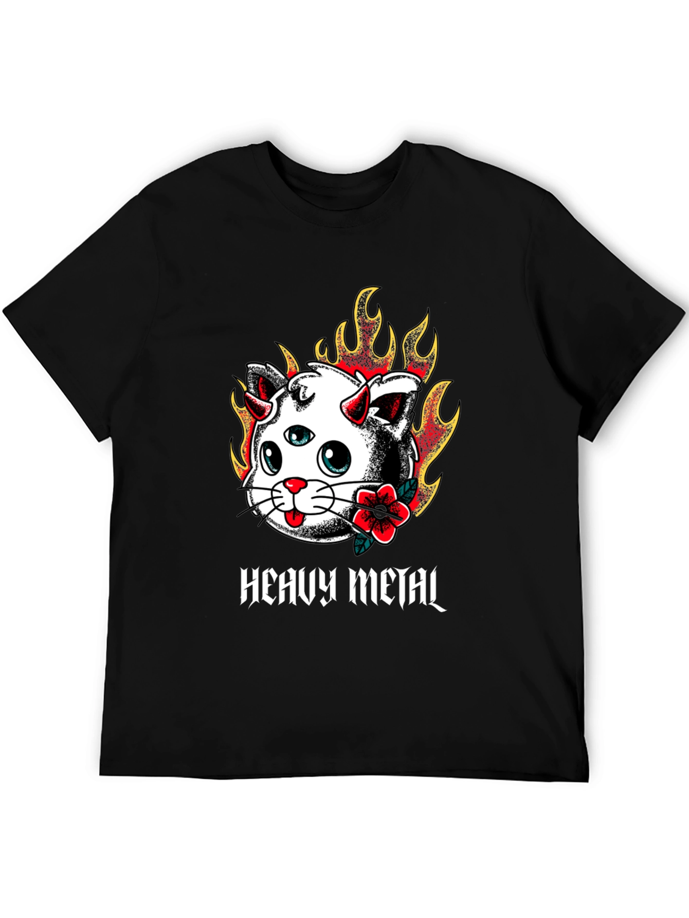 Camiseta Negra con Diseño Heavy Metal Cat