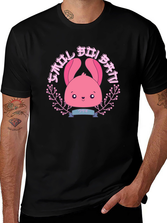Camiseta Negra con Diseño Kawaii de Conejito Rosa