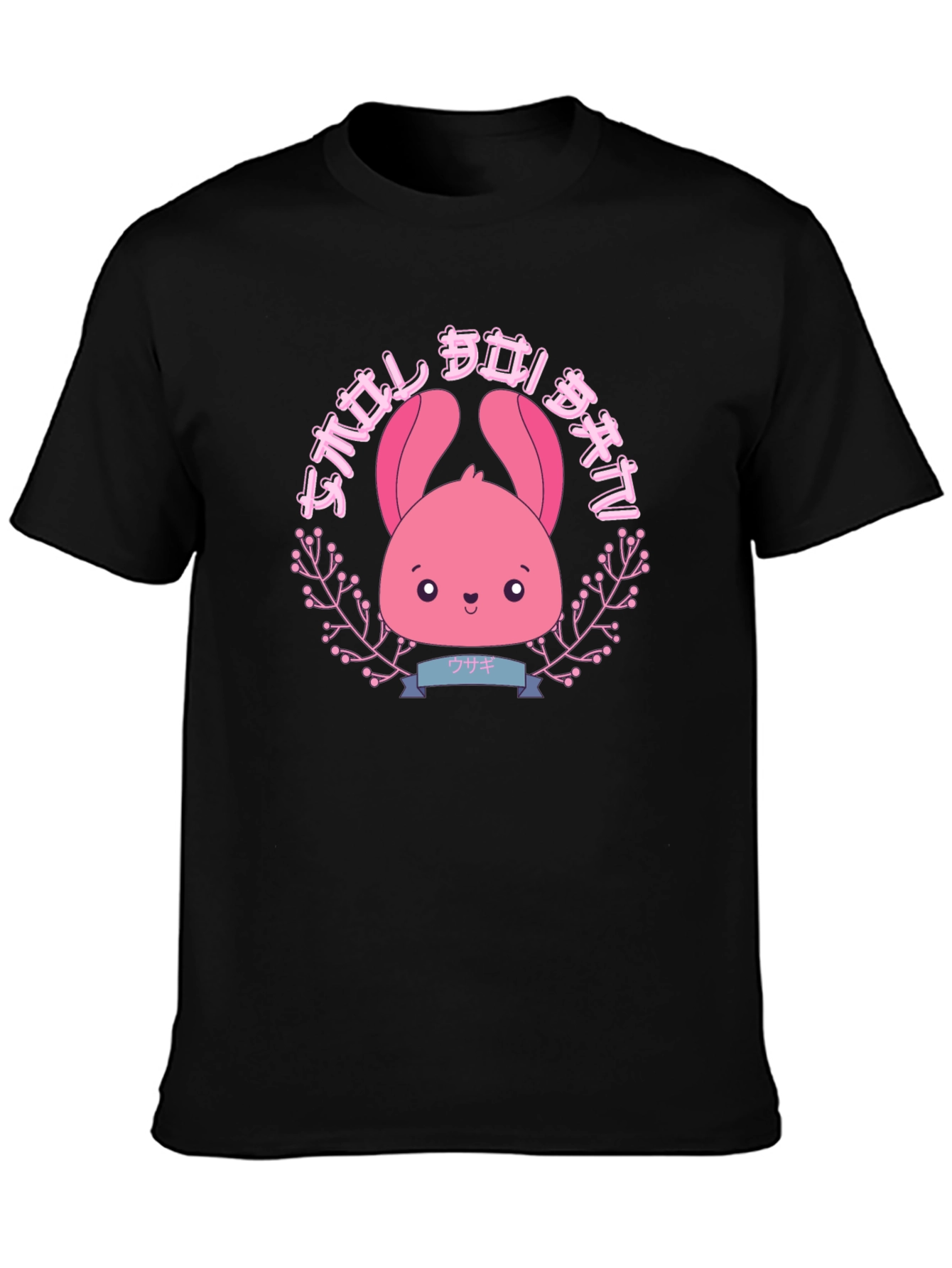 Camiseta Negra con Diseño Kawaii de Conejito Rosa