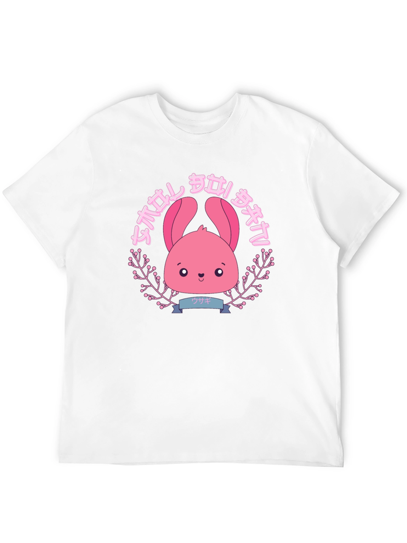 Camiseta Negra con Diseño Kawaii de Conejito Rosa
