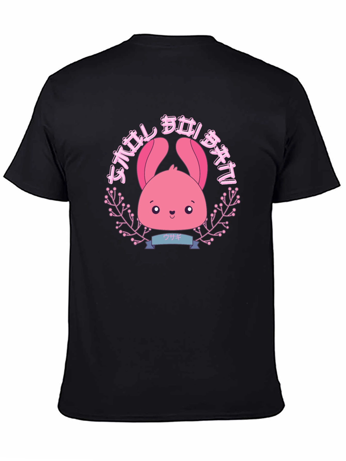 Camiseta Negra con Diseño Kawaii de Conejito Rosa