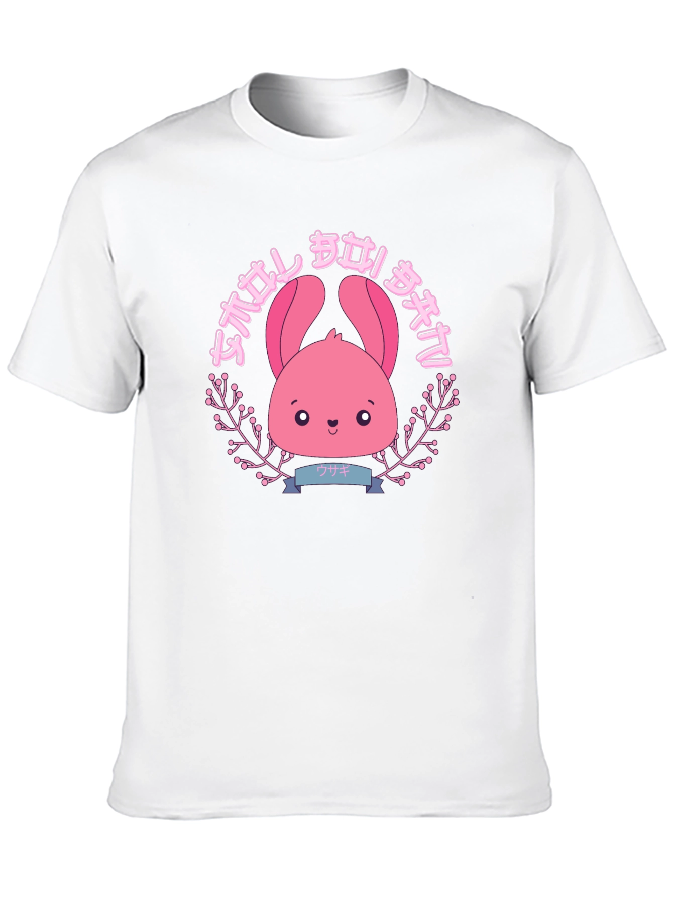 Camiseta Negra con Diseño Kawaii de Conejito Rosa